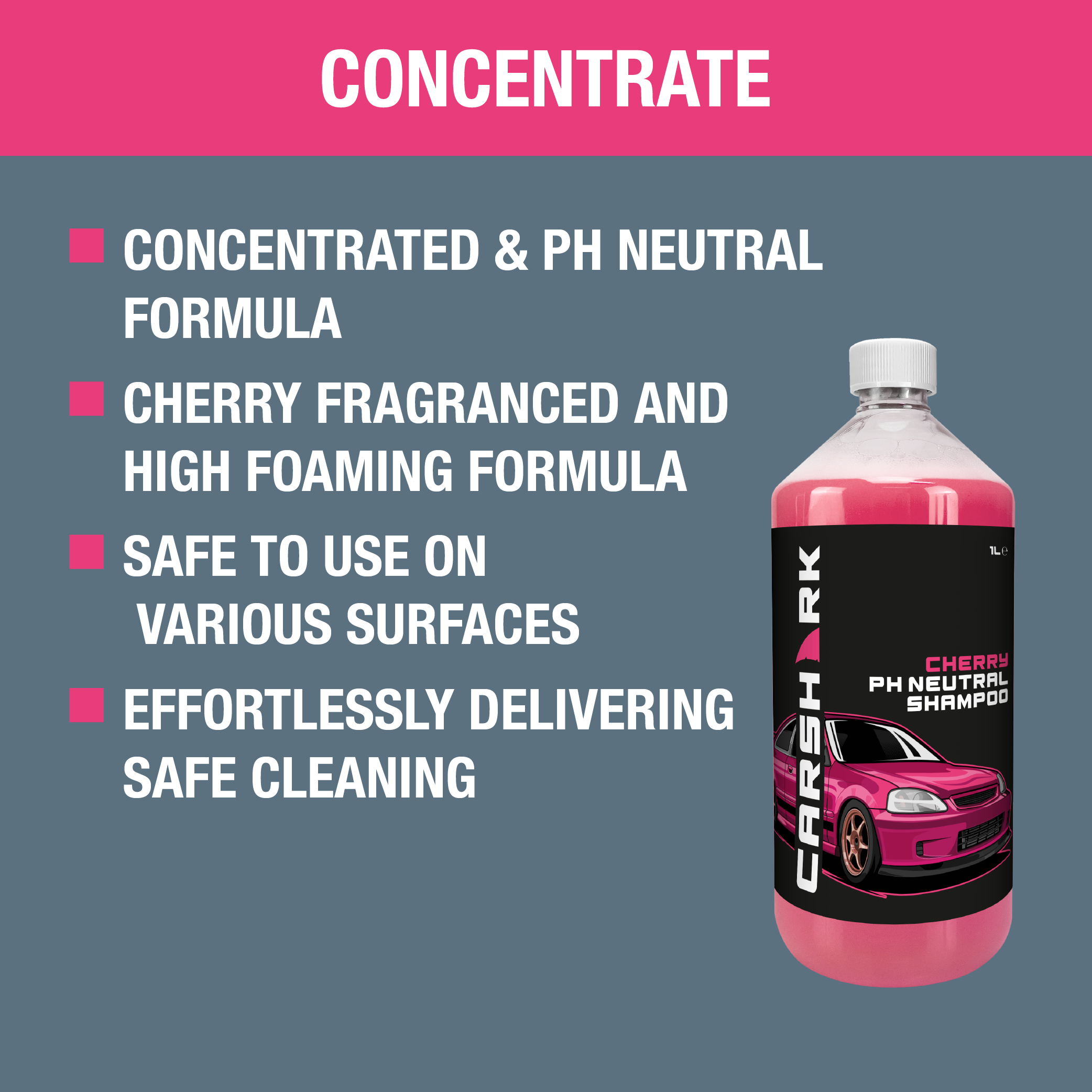 CARSHARK PH Neutral Car Shampoo 1 Litre - Concentrate - Cherry