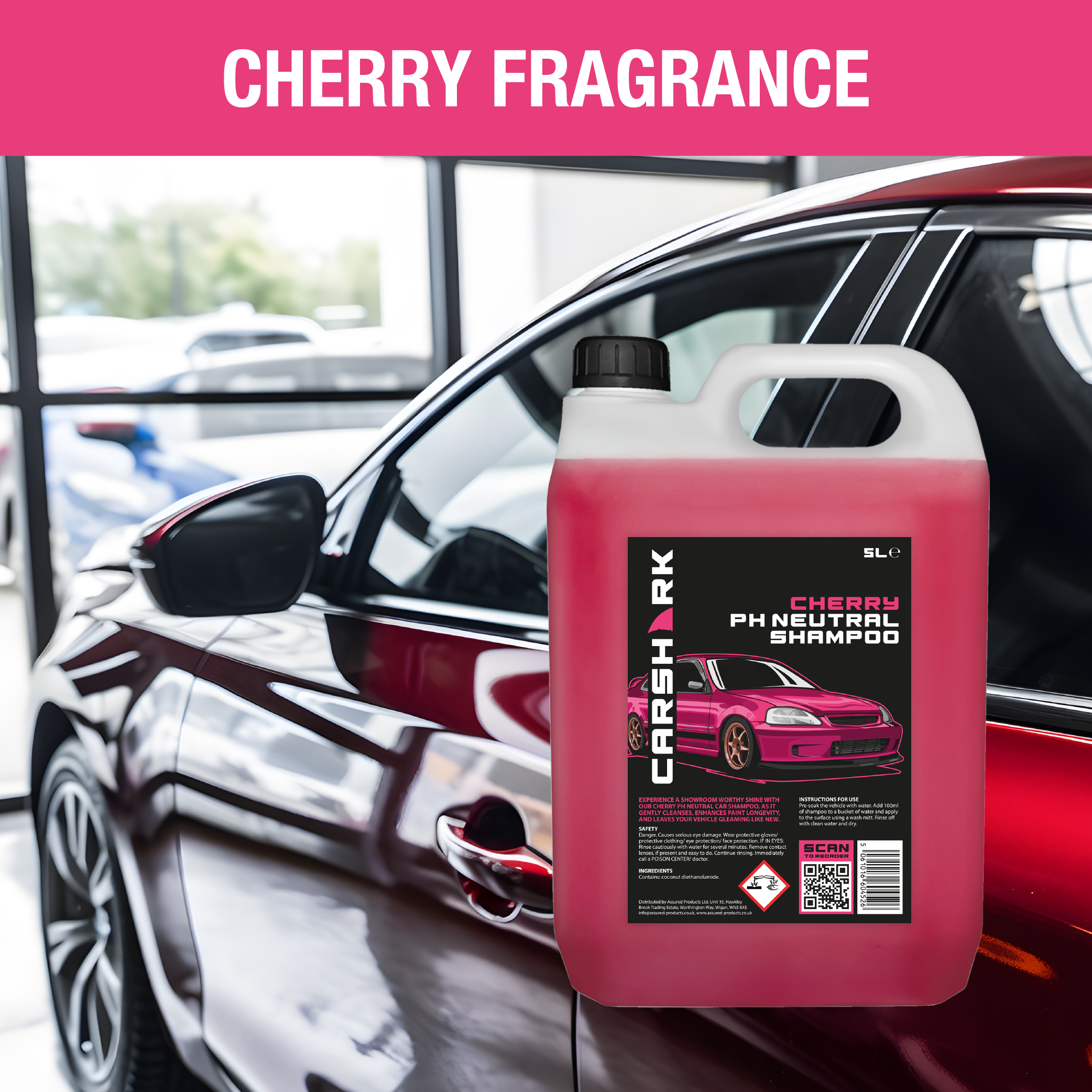 CARSHARK PH Neutral Car Shampoo 5 Litre - Concentrate - Cherry (with Jumbo Sponge)