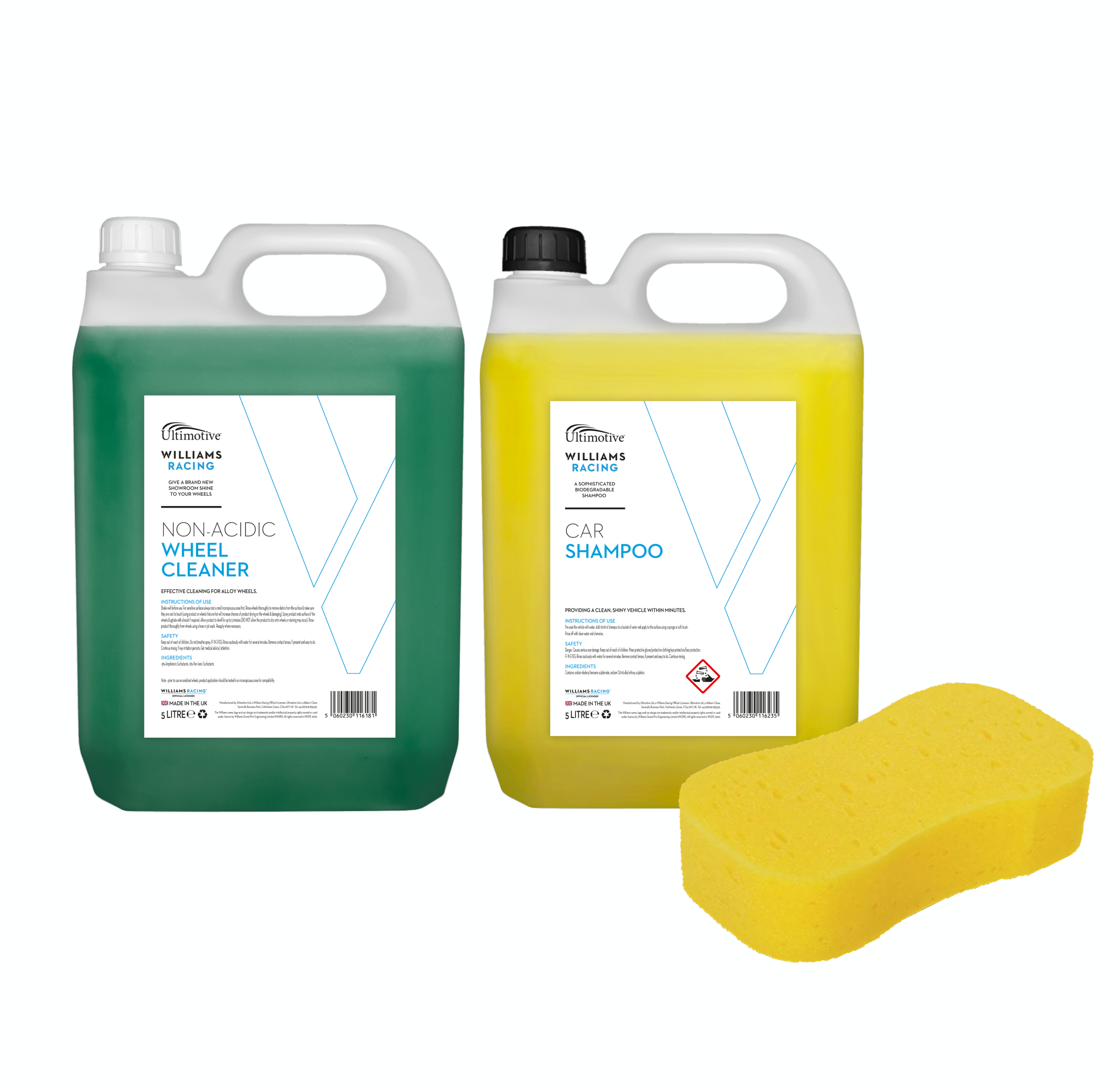 Williams PH Neutral Car Shampoo 5L + Non-Acidic Wheel Cleaner 5L (with Jumbo Sponge)
