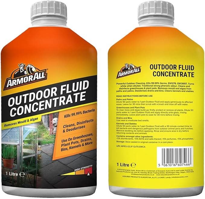 Armor All Outdoor Fluid, 1 Litre, Kills 99.9% Bacteria, Disinfects Greenhouses, Plantpots, Drains, Bins, Kennels, Stables