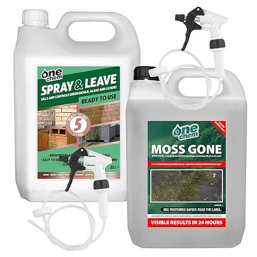 One Chem - 5L Spray and Leave Ready to Use - 5L Moss Gone Moss Killer - 2 x Long Hose Trigger Spray