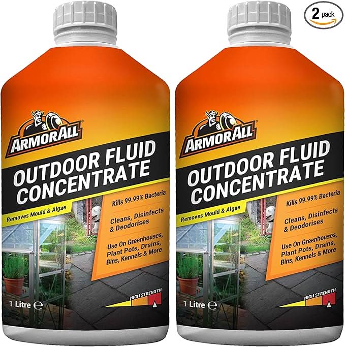 Armor All Outdoor Fluid, 2 x 1 Litre, Kills 99.9% Bacteria, Disinfects Greenhouses, Plantpots, Drains, Bins, Kennels, Stables