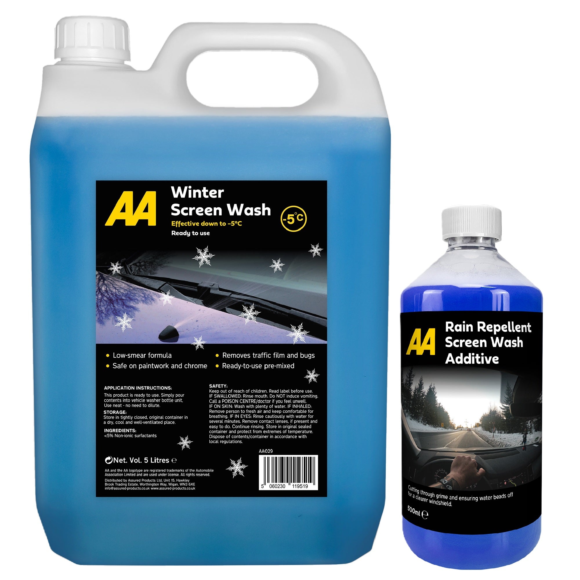 AA Rain Repellent Screenwash Additive 500ml with Winter Screenwash 5L (Blue)