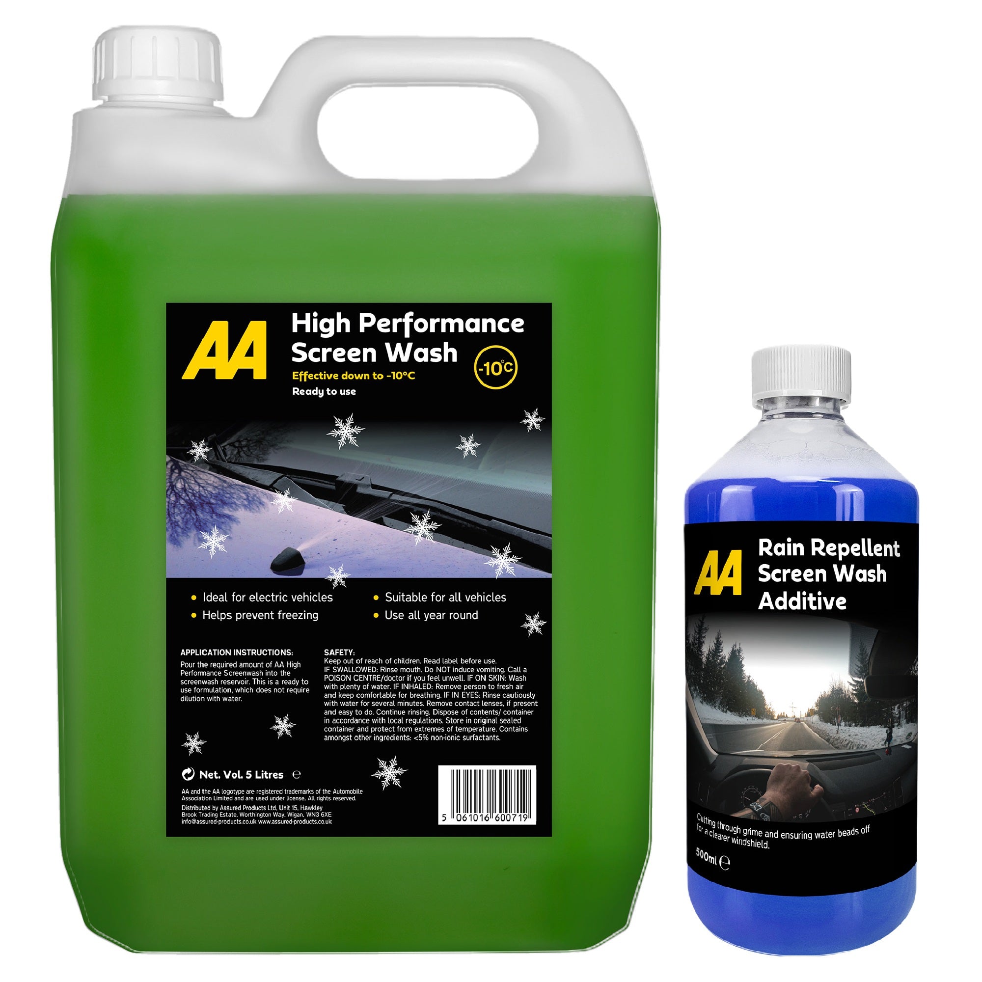 AA Rain Repellent Screenwash Additive 500ml with Winter Screenwash 5L (Green)