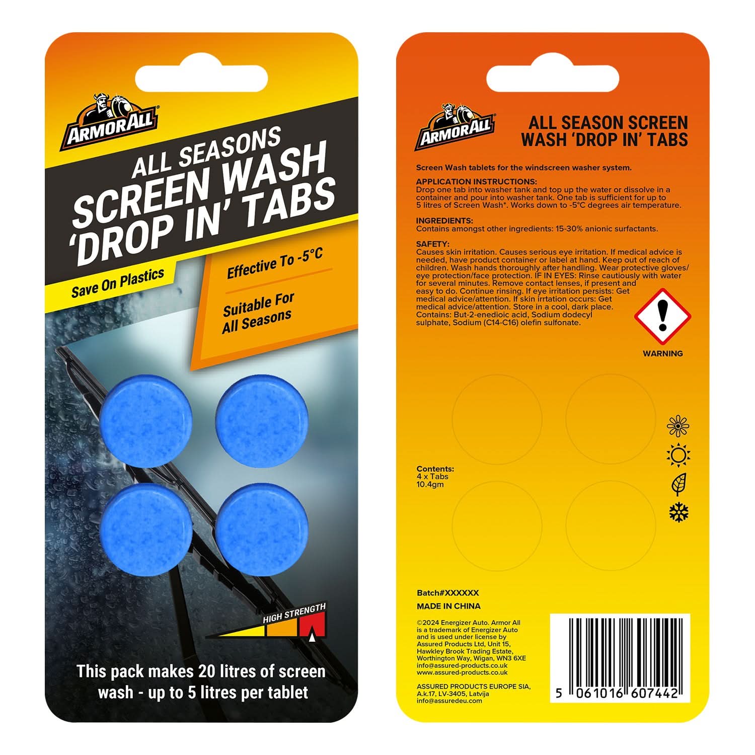 Armor All Screenwash Tabs 2 x 4 Tablets, (8 tablets) Makes up to 40L ofAll Seasons Screenwash, Windscreen Washer Tablets