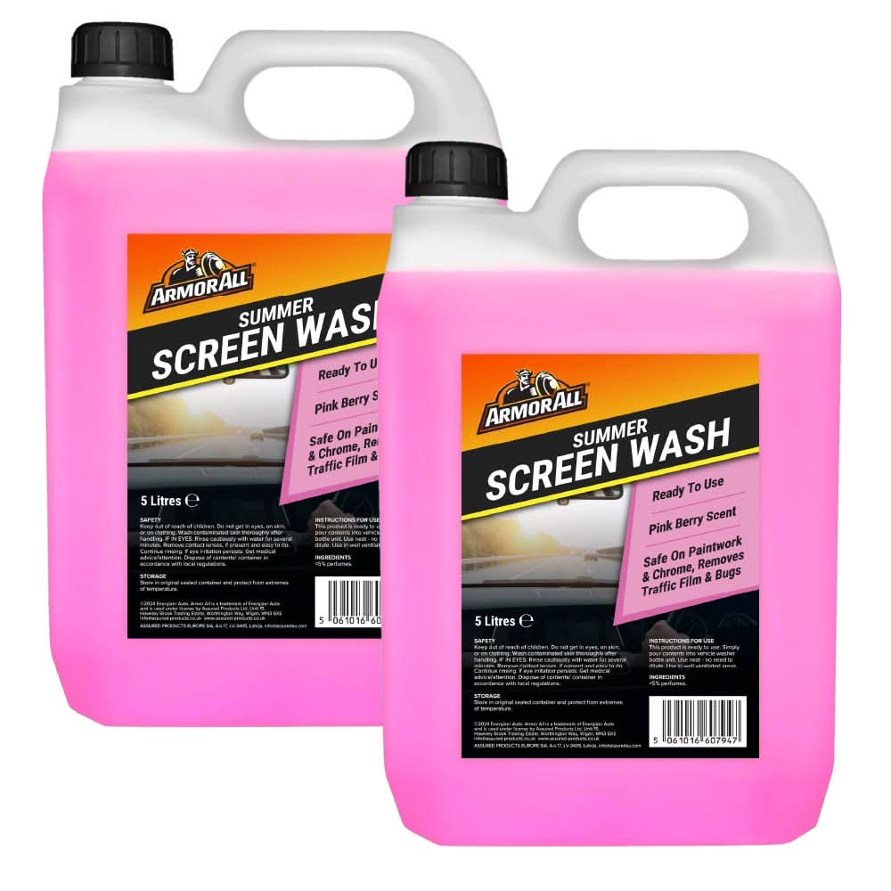 Armor All Summer Screenwash, 2 x 5 Litre Ready to Use, Pink Berry Scent, Removes Traffic Film and Bugs, Safe on Paintwork and Chrome