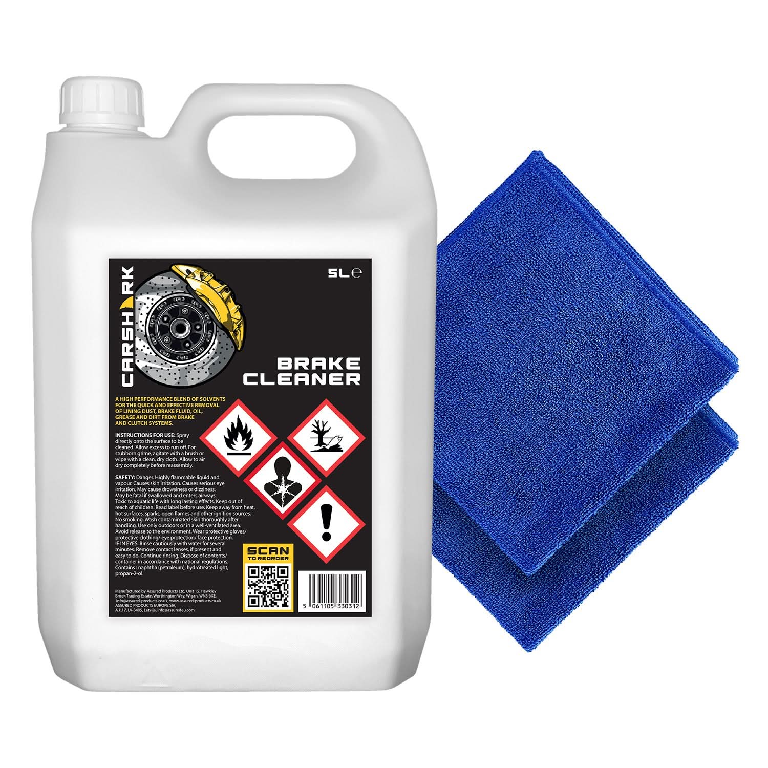 CARSHARK Brake Cleaner, 5 Litres with Long Hose Trigger and 2 x Microfibre Cloths, Solvent, Brake and Clutch System Cleaner