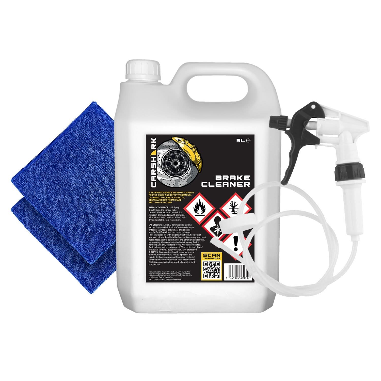 CARSHARK Brake Cleaner, 5 Litres with Long Hose Trigger and 2 x Microfibre Cloths, Solvent, Brake and Clutch System Cleaner