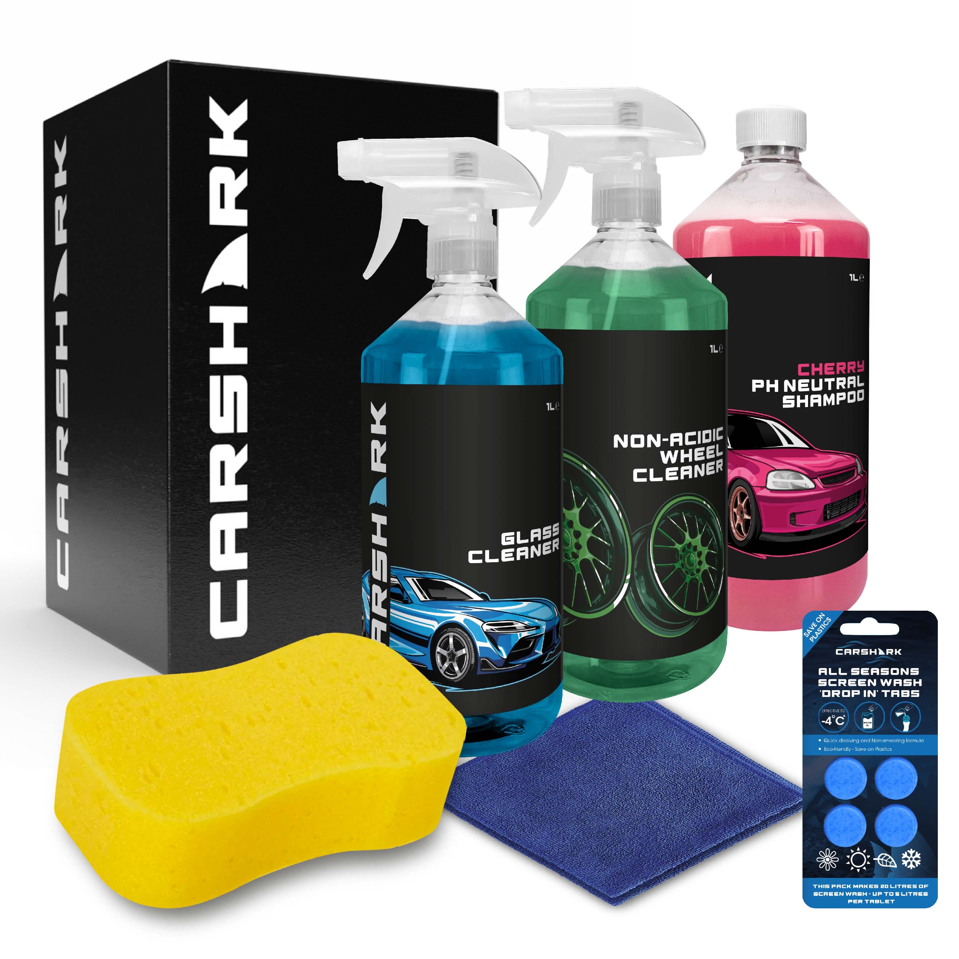 CARSHARK Car Cleaning Kit, Gift Set with 3 x 1L, Sponge, Microfibre Cloth, Screenwash Tabs
