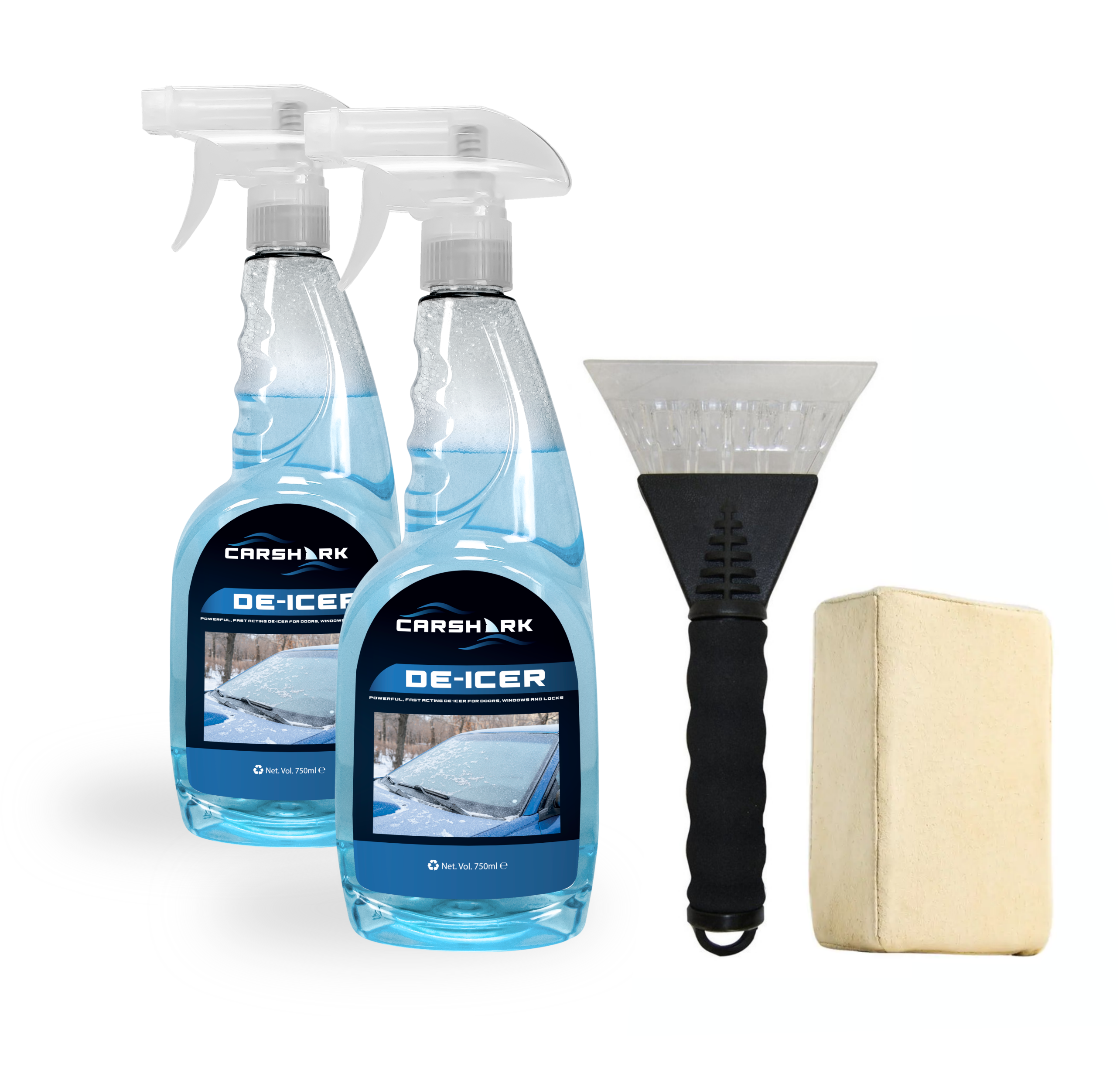 CARSHARK Winter Car Kit Deicer 2 x 750 ml, Ice Scraper x 1, Chamois Demister Pad x 1