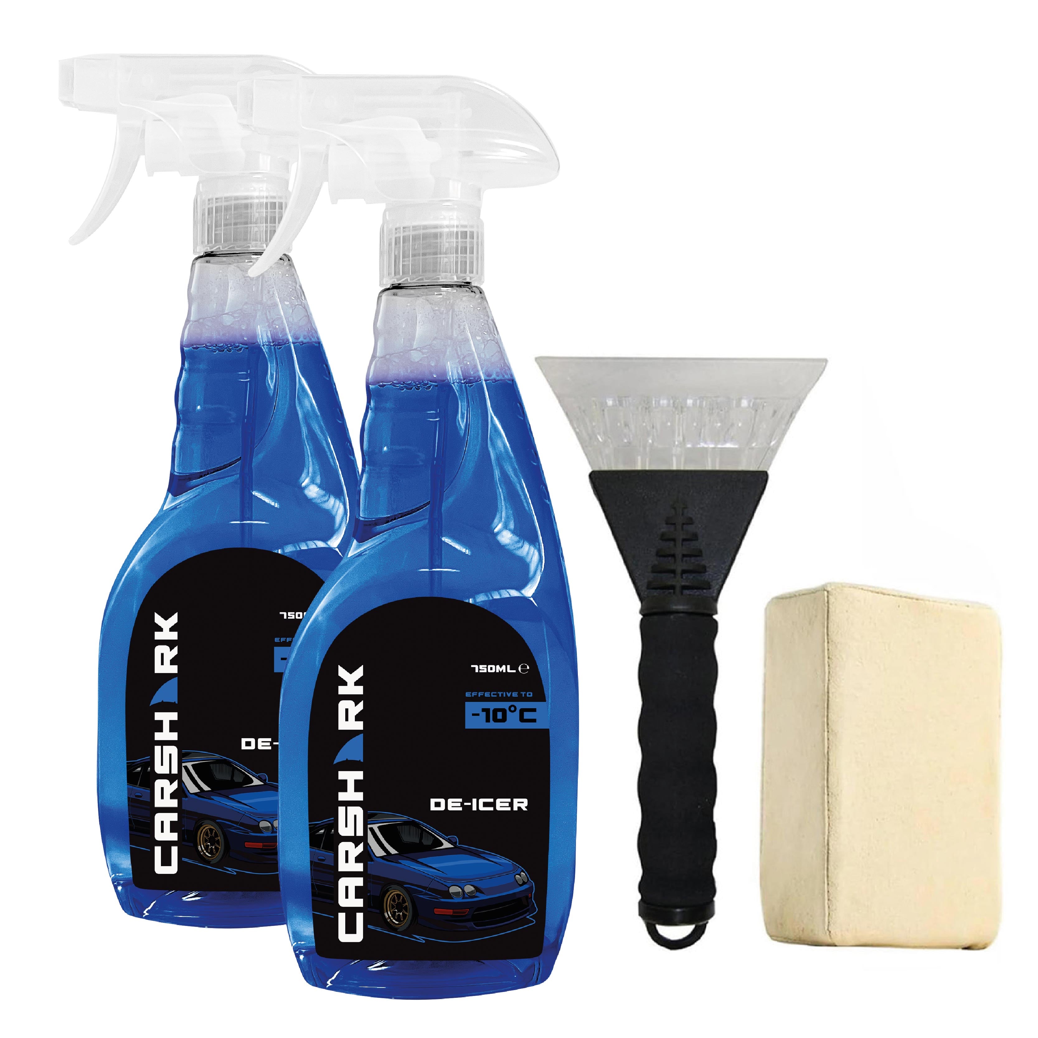 CARSHARK Winter Car Kit Deicer 2 x 750 ml, Ice Scraper x 1, Chamois Demister Pad x 1