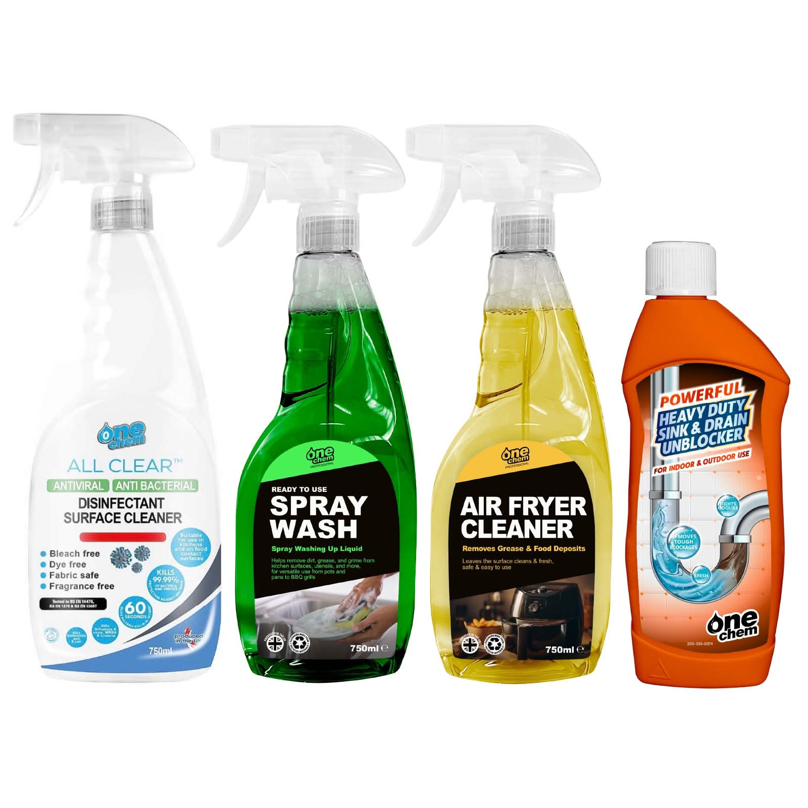 One Chem Kitchen Cleaning Kit - Air Fryer Cleaner 750ml, Washing Up Spray 750ml, Anti-viral Surface Cleaner 750ml & Drain Unblocker 500ml