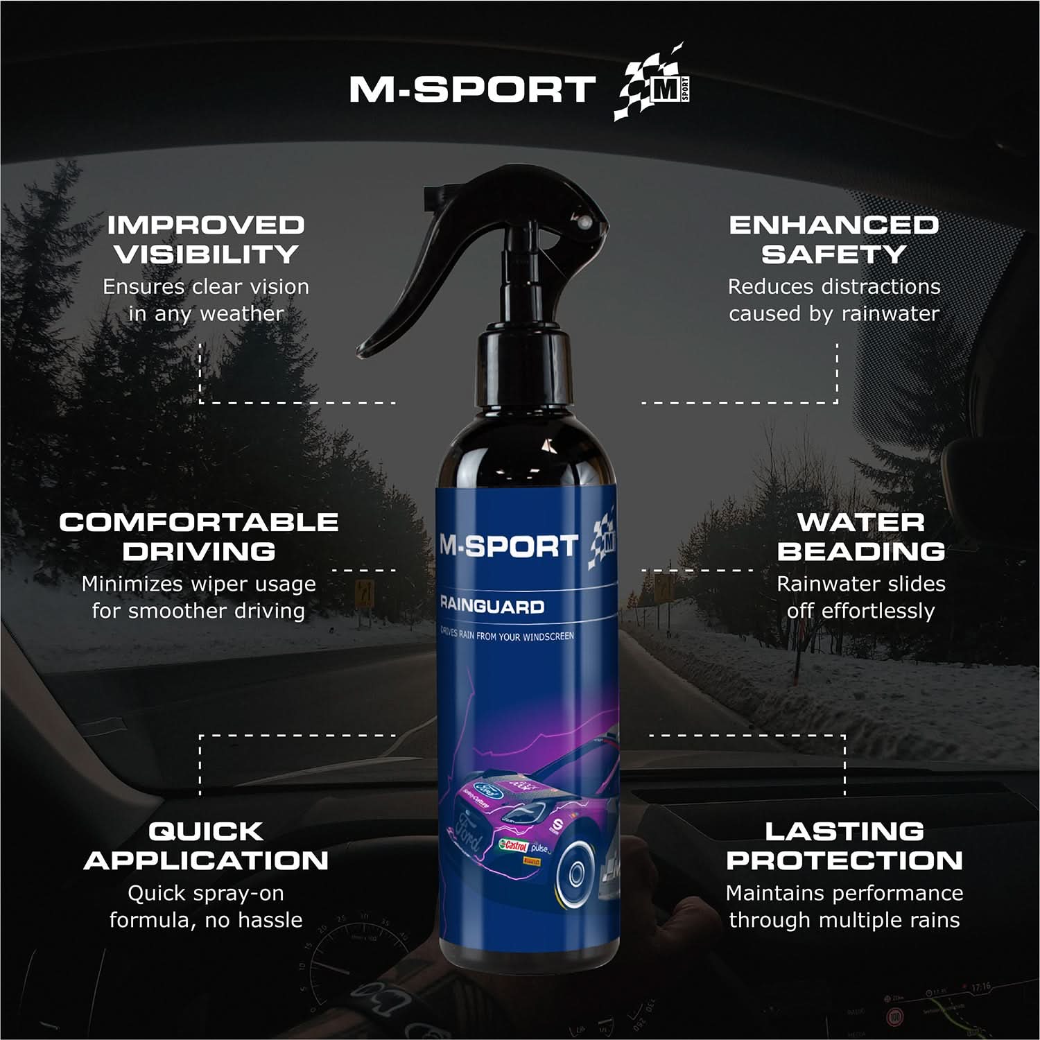M-Sport 4-Piece Winter Car Cleaning Kit - High Performance Screenwash De-Icer Rainguard Demister Pad for Essential Car Care