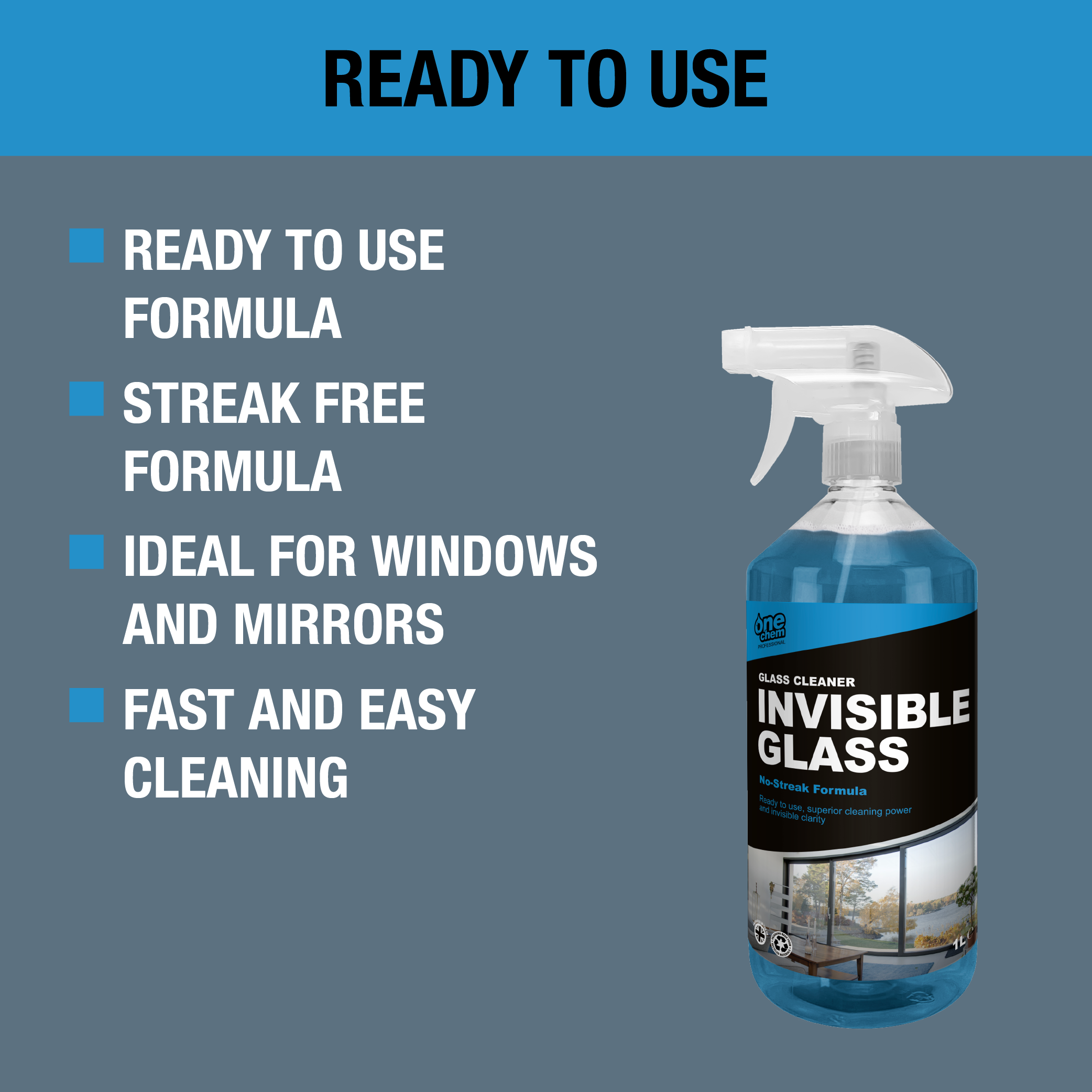 One Chem Window Clean & Protection Kit - UPVC Cleaner 1L, Invisible Glass 1L & Rainguard 250ml for versatile window cleaning