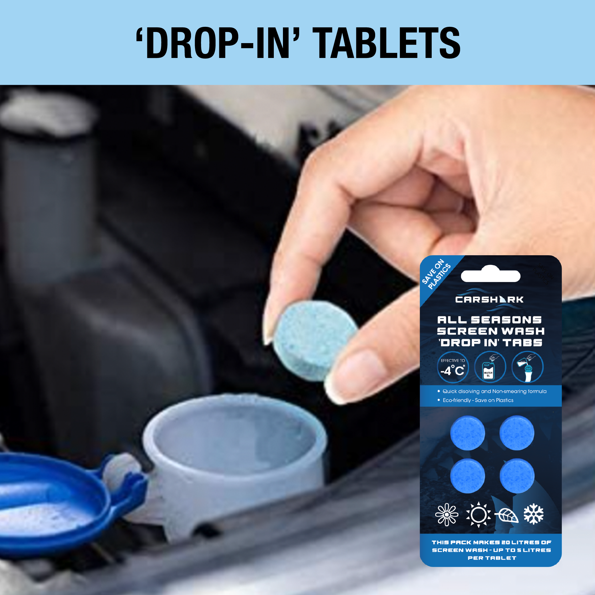 CARSHARK All Seasons Screenwash Tabs (Packs of 4 Tablets) - 1 Tab = 5L of Screenwash