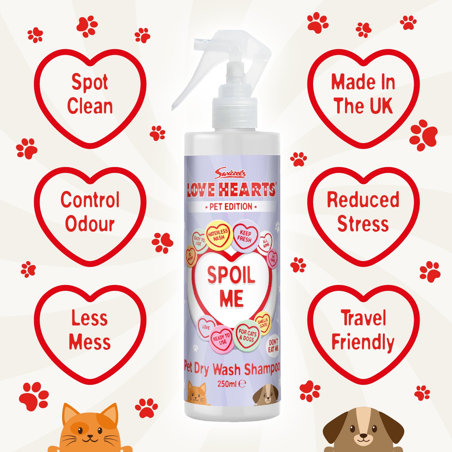 Swizzels Love Hearts - Dirty Dog Shampoo, Pet Dry Wash Shampoo & Pet Cologne - 3 x 250ml