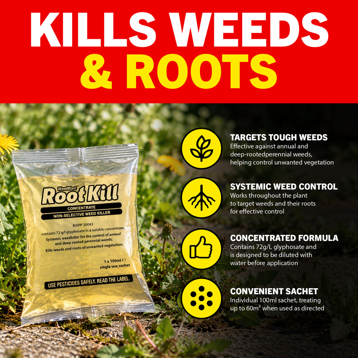 Weedblast Rootkill Concentrated Weedkiller 4 x 100 Sachets with 5L Garden Sprayer