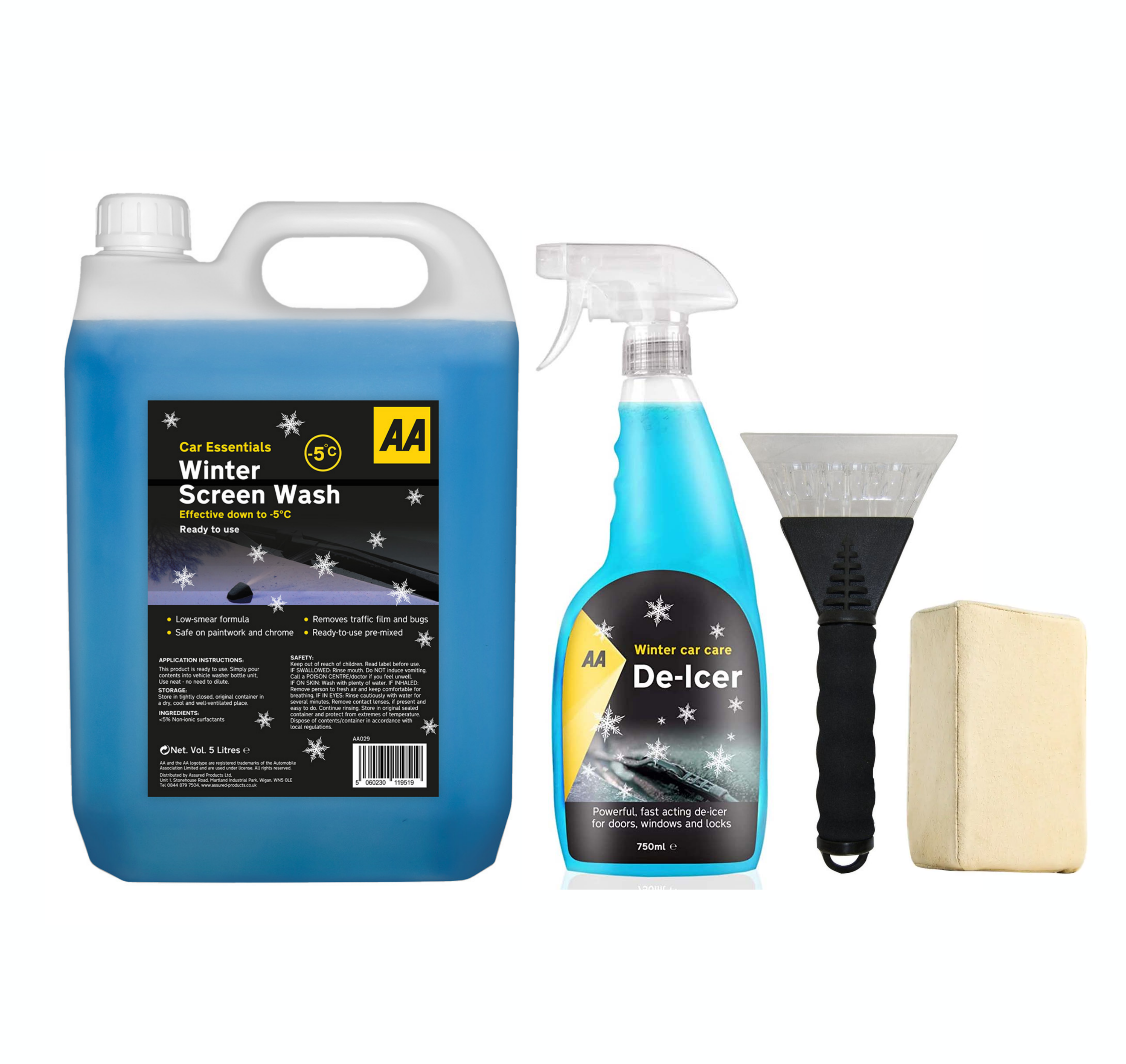 AA Winter Car Kit Screenwash 5L, Deicer 750 ml, Ice Scraper x 1, Chamois Demister Pad x 1 (Blue)