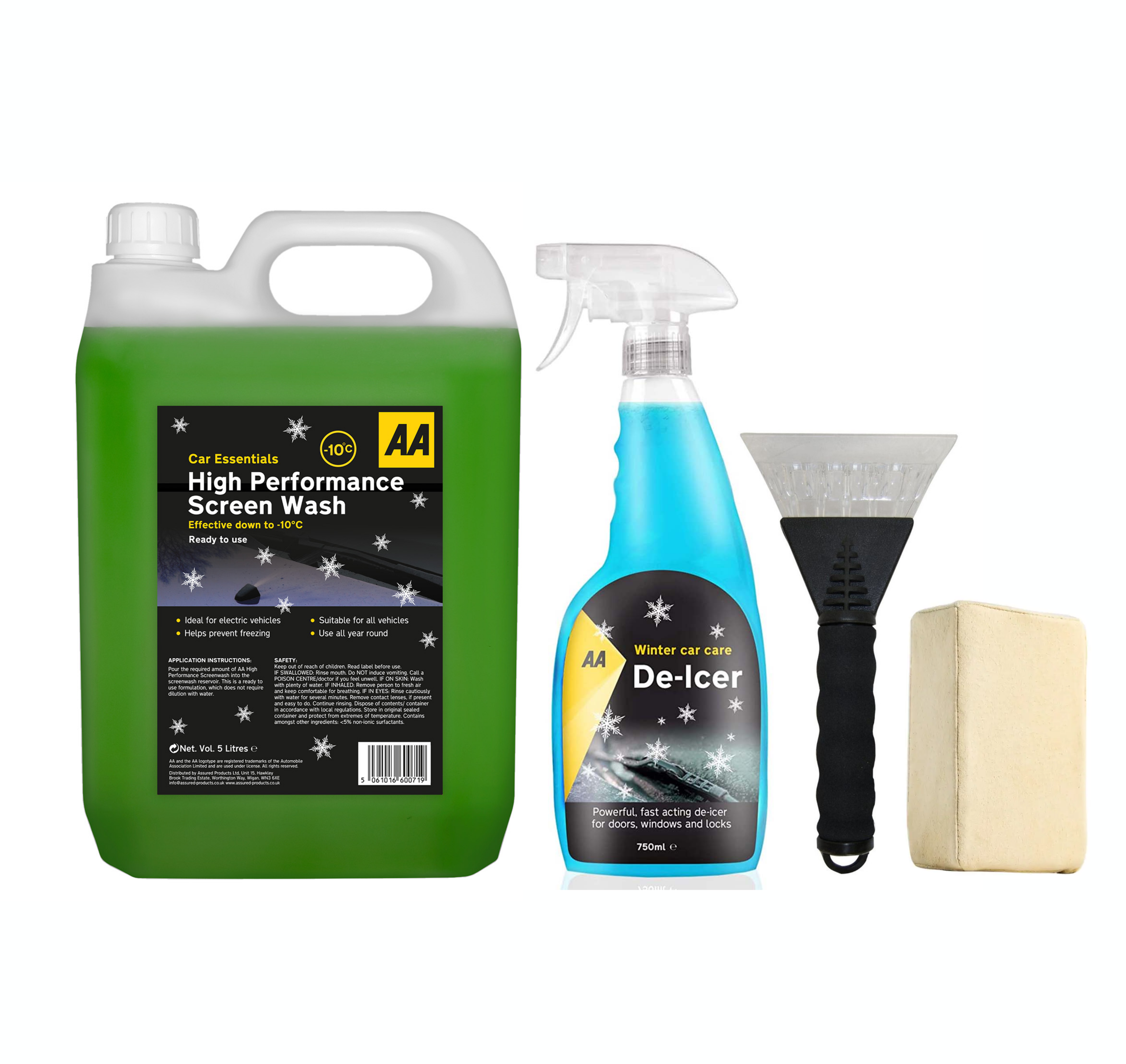 AA Winter Car Kit Screenwash 5L, Deicer 750 ml, Ice Scraper x 1, Chamois Demister Pad x 1 (Green)