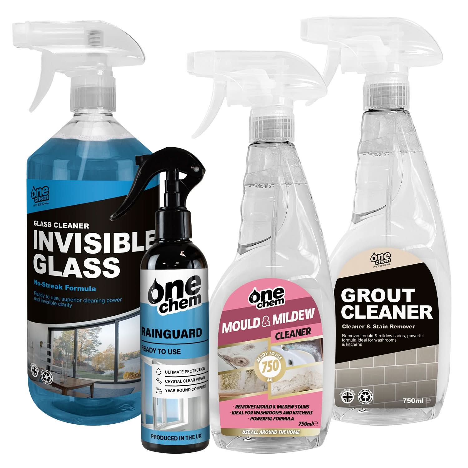 One Chem Bathroom Cleaning Kit - Glass Cleaner 1L, Rainguard 250ml, Mould & Mildew Cleaner 750ml, Tile & Grout Cleaner 750ml for Effective Maintenance