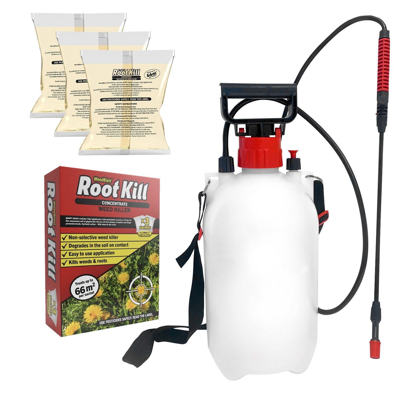 Weedblast Rootkill Concentrated Weedkiller 3 x 100 Sachets boxed with 5L Garden Sprayer