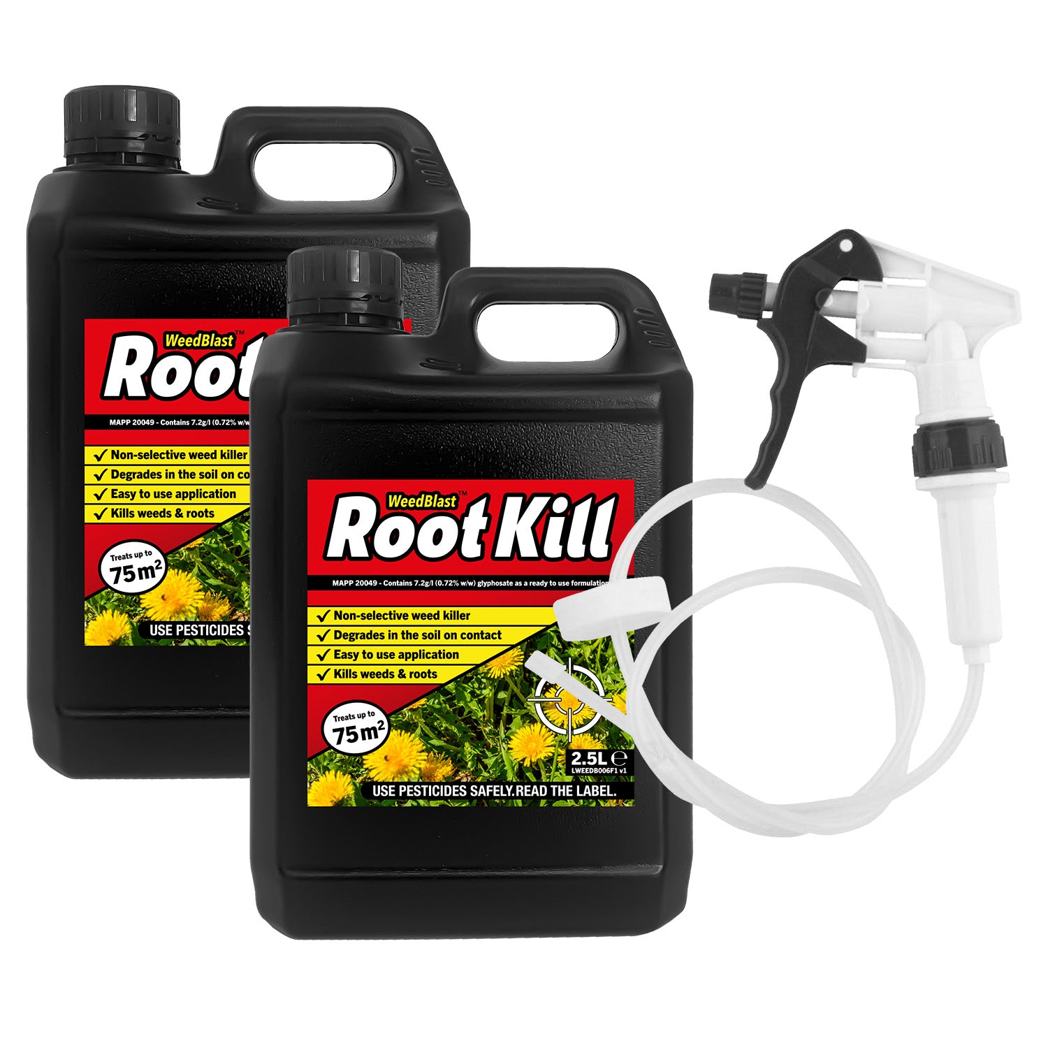 root killing herbicide Glyphosate Weedkiller RootKill 2 x 2.5 Litre, with Long Hose Trigger