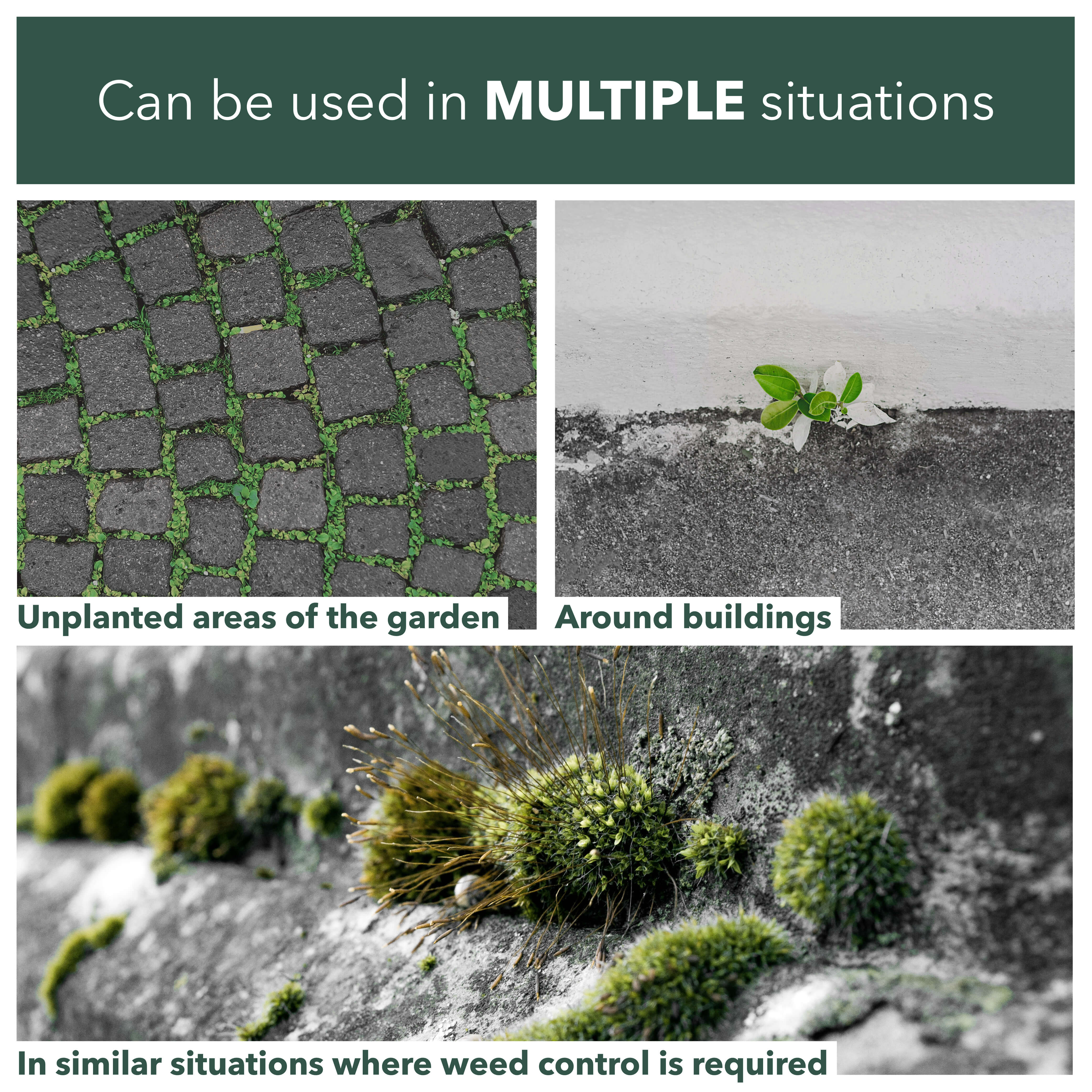 Can be used in multiple situations including unplanted areas of the garden, around buildings, and in similar situations where weed control is required