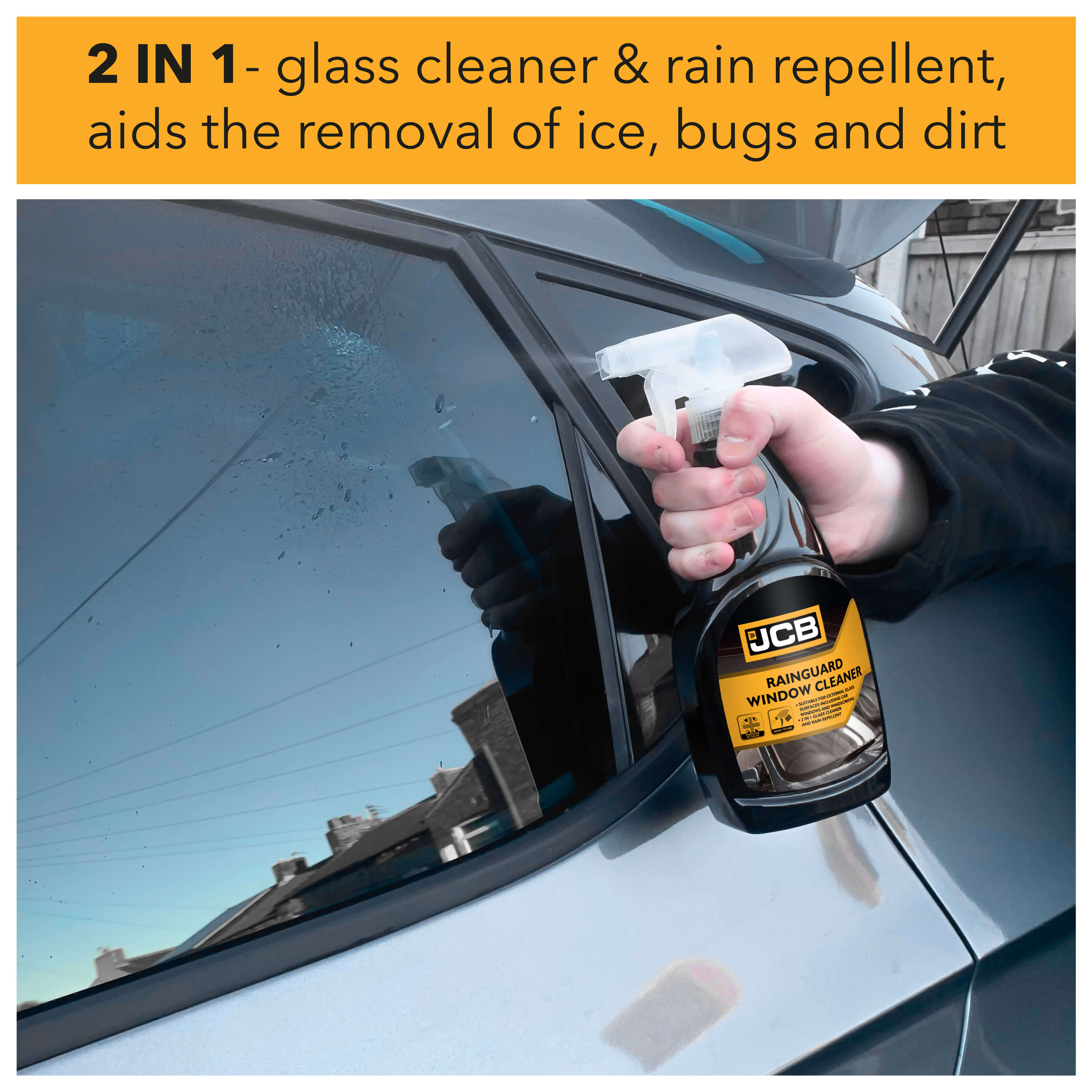 2 in 1- glass cleaner & rain repellent, aids the removal of ice, bugs and dirt