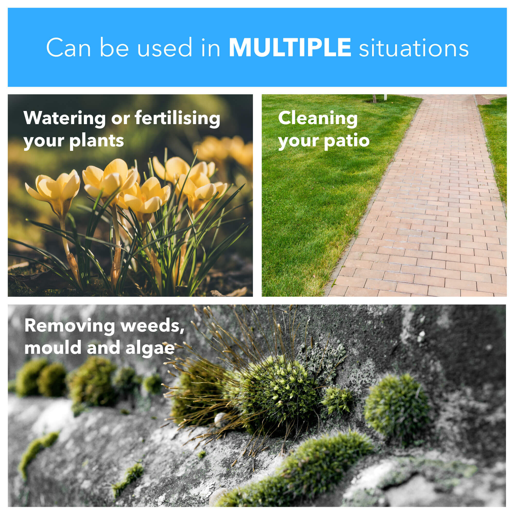 Can be used in multiple situations like watering or fertilising your plants, cleaning your patio, or removing weeds, mould and algae