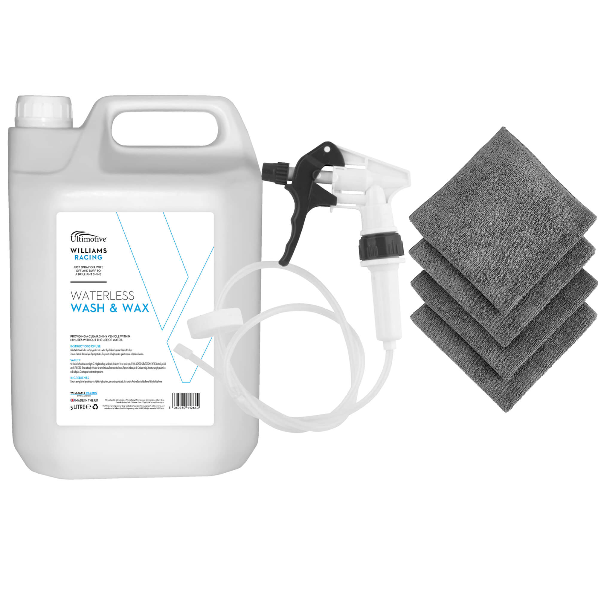 Williams Waterless Wash & Wax 5L (with Long Hose Trigger + 4 Microfibre Cloths)