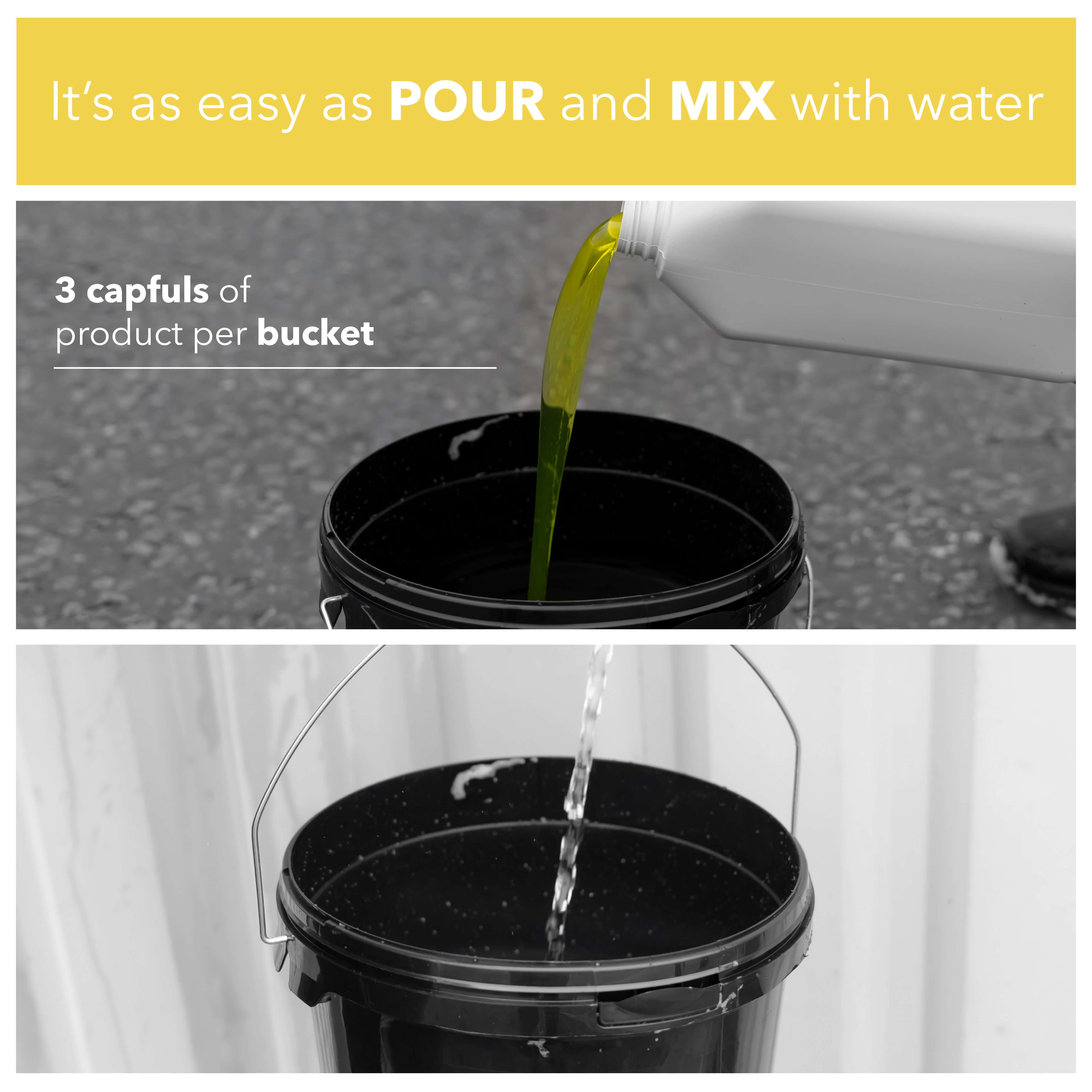 3 capfuls of product per bucket