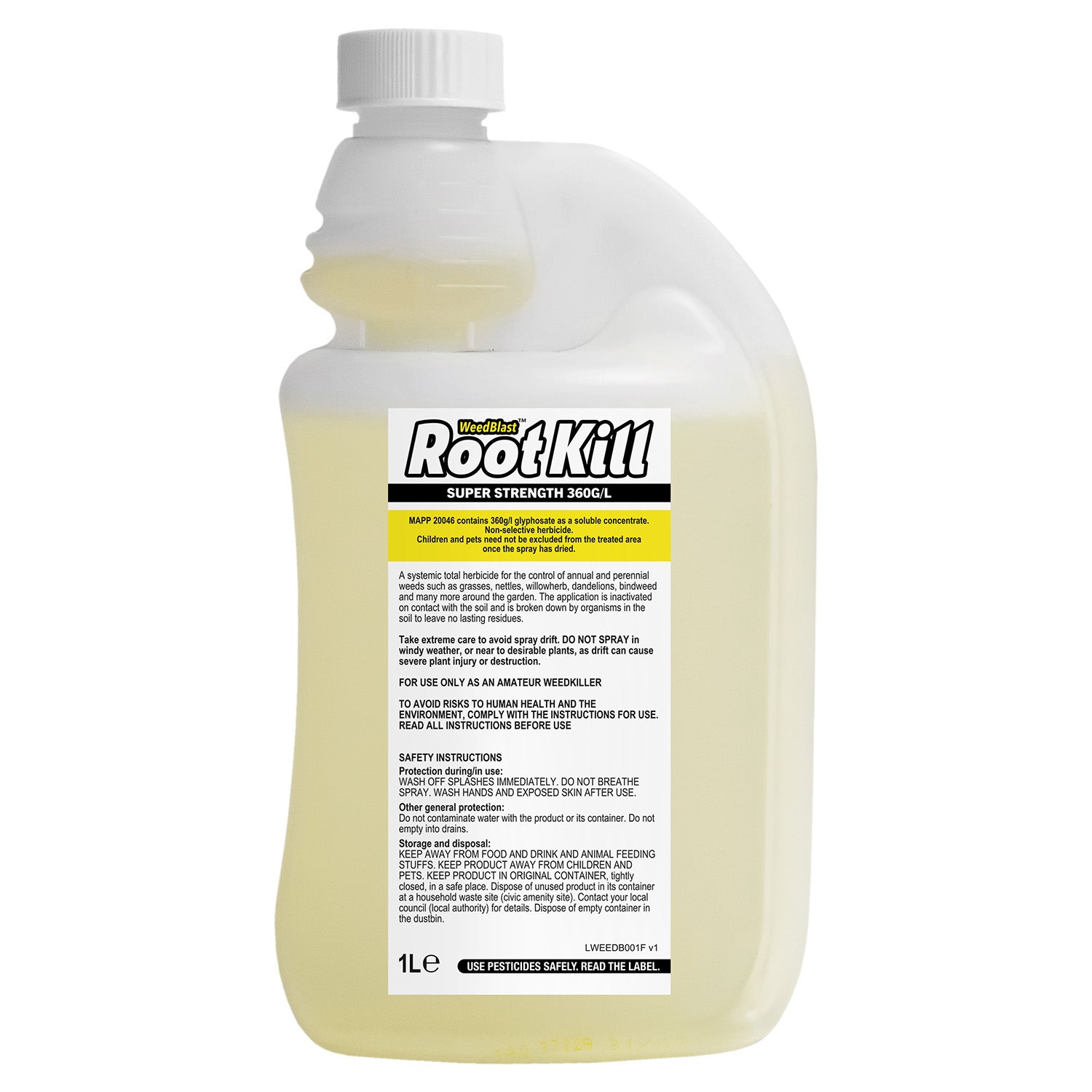 WeedBlast Rootkill Weedkiller 1 Litre 360g/L Glyphosate Concentrate with 5L JCB Sprayer, 2 x Gloves