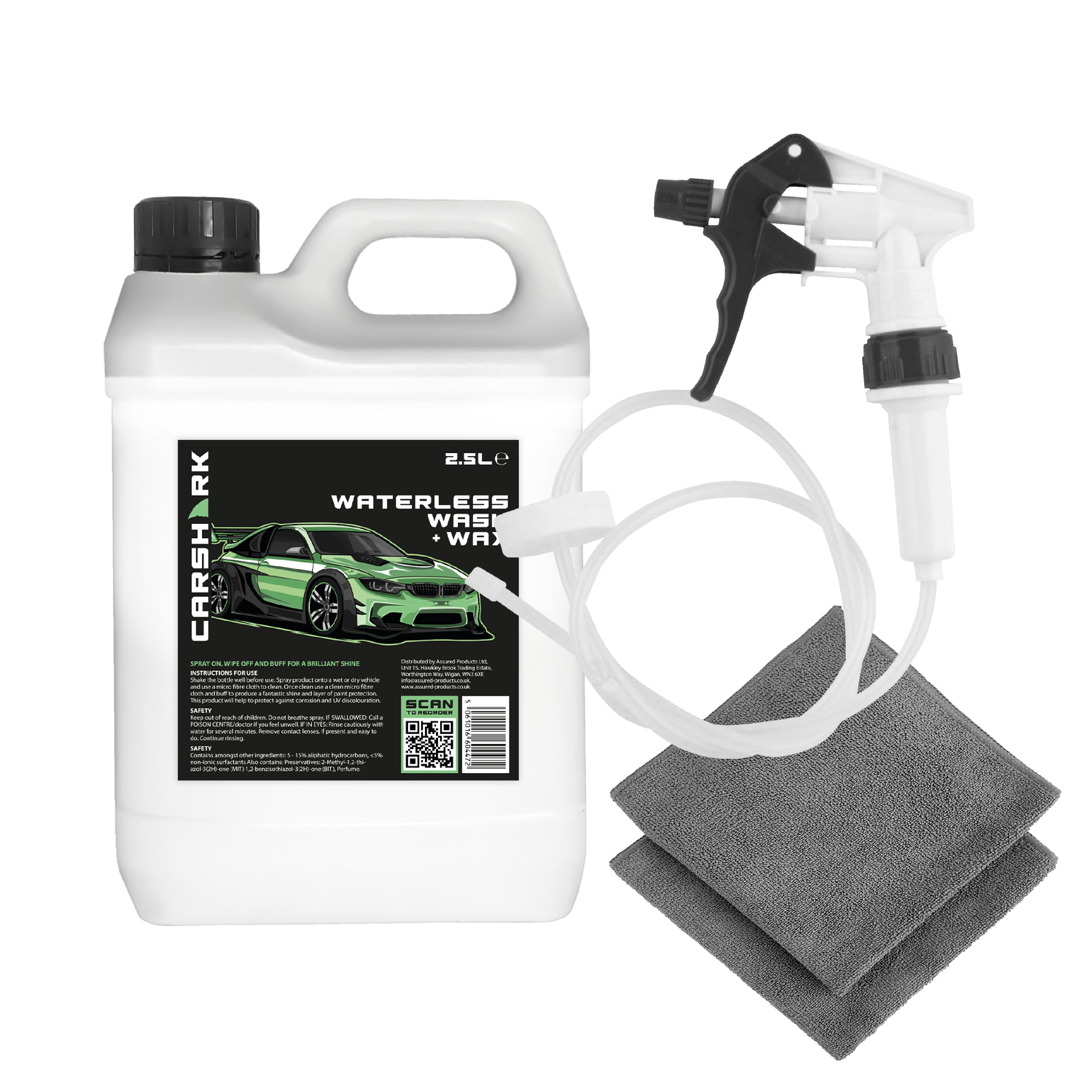 CARSHARK Waterless Wash & Wax 2.5L (with long Hose trigger) (2 x Microfibre Cloths)