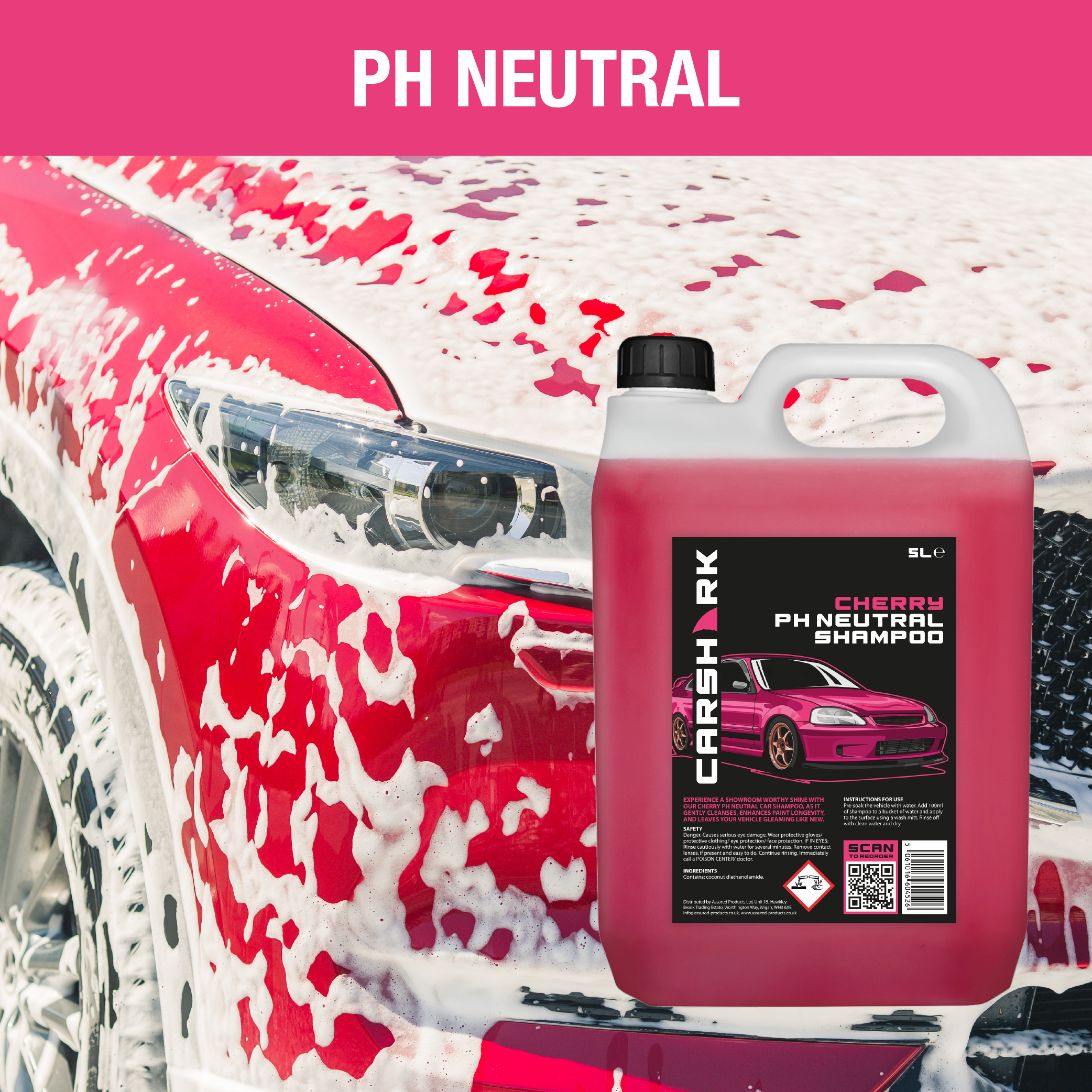 CARSHARK PH Neutral Car Shampoo 5 Litre - Concentrate - Cherry (with Jumbo Sponge)