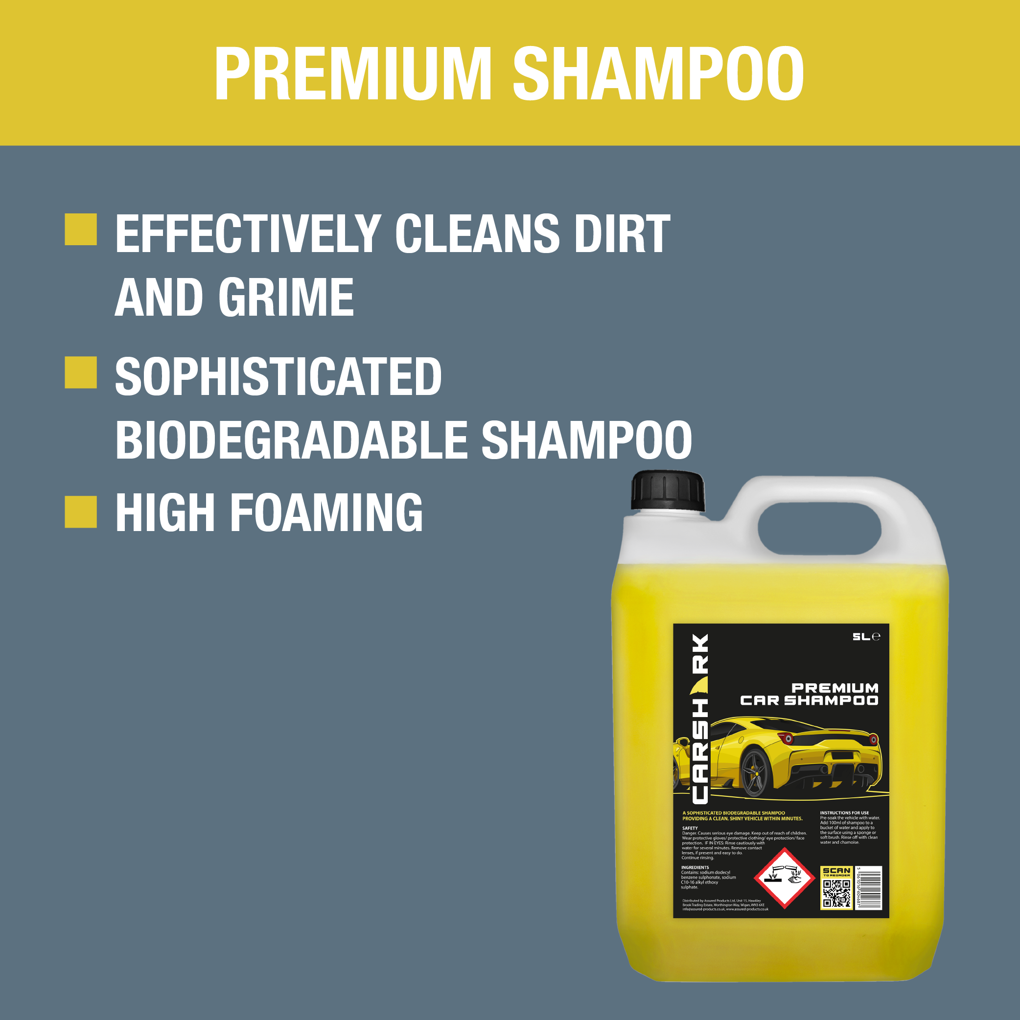 CARSHARK Premium Car Shampoo 5 Litre Concentrate (with Jumbo Sponge)