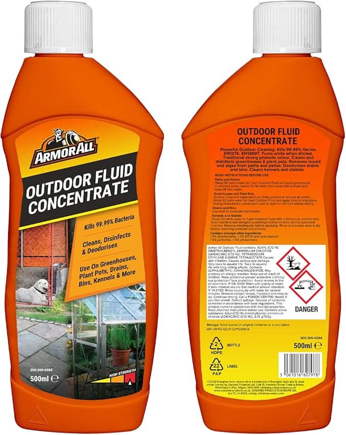 Armor All Outdoor Fluid, 2 x 500ml, Kills 99.9% Bacteria, Disinfects Greenhouses, Plantpots, Drains, Bins, Kennels, Stables