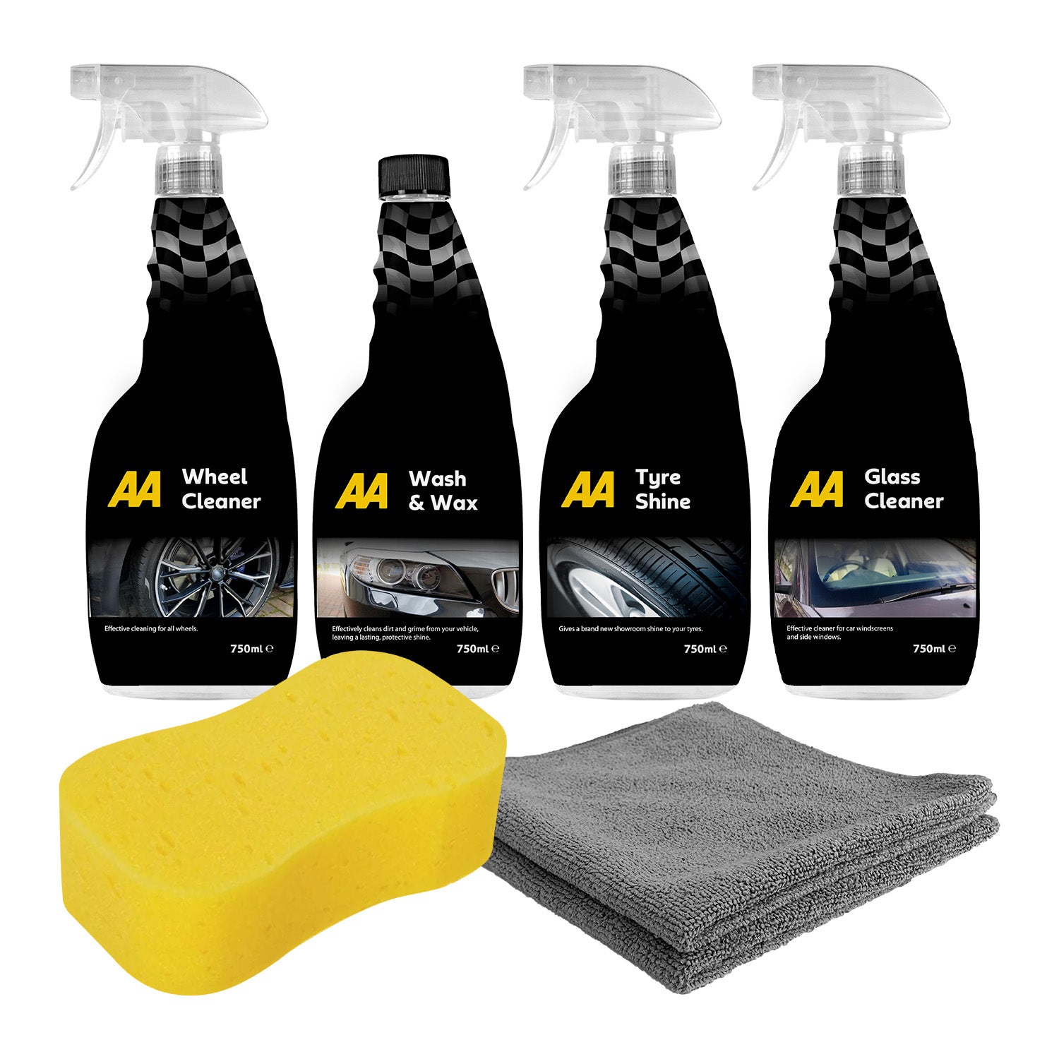 AA Basics Car Cleaning Kit - 4 x 750ml - Sponge - 2x microfibre cloths