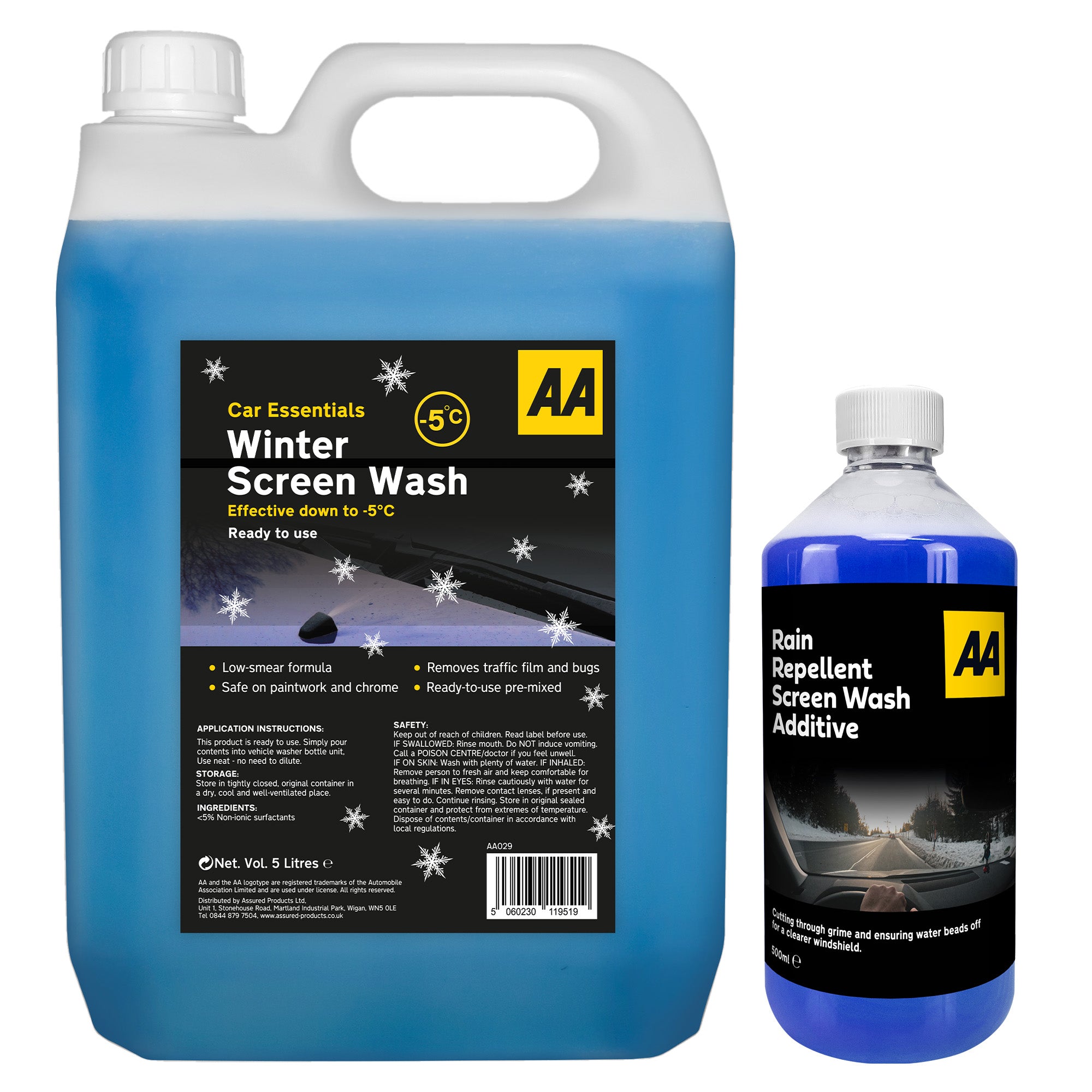 AA Rain Repellent Screenwash Additive 500ml with Winter Screenwash 5L (Blue)