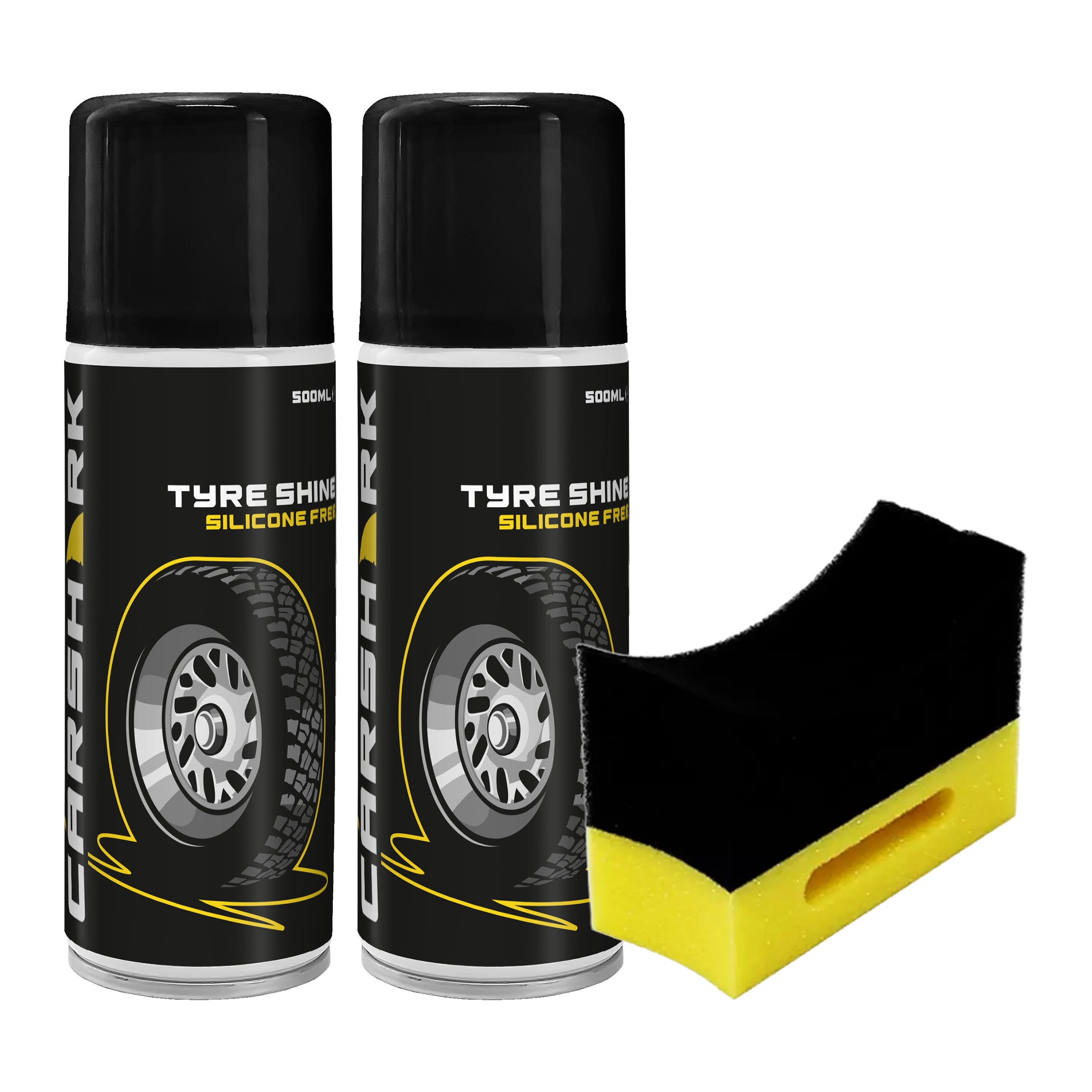 CARSHARK Tyre Shine Silicone-Free, 2 x 500 ml, Aerosol, Applicator Pad (Yellow)