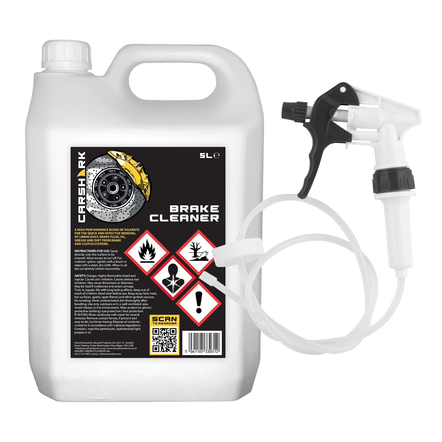 CARSHARK Brake Cleaner, 5 Litres with Long Hose Trigger, High Performance Solvent, Brake and Clutch System Cleaner
