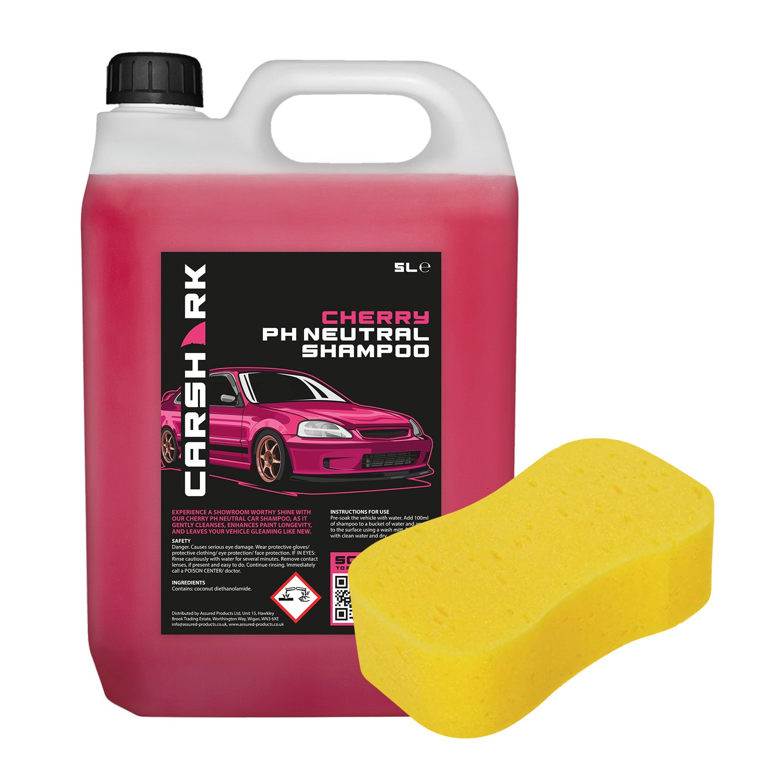 CARSHARK PH Neutral Car Shampoo 5 Litre - Concentrate - Cherry (with Jumbo Sponge)