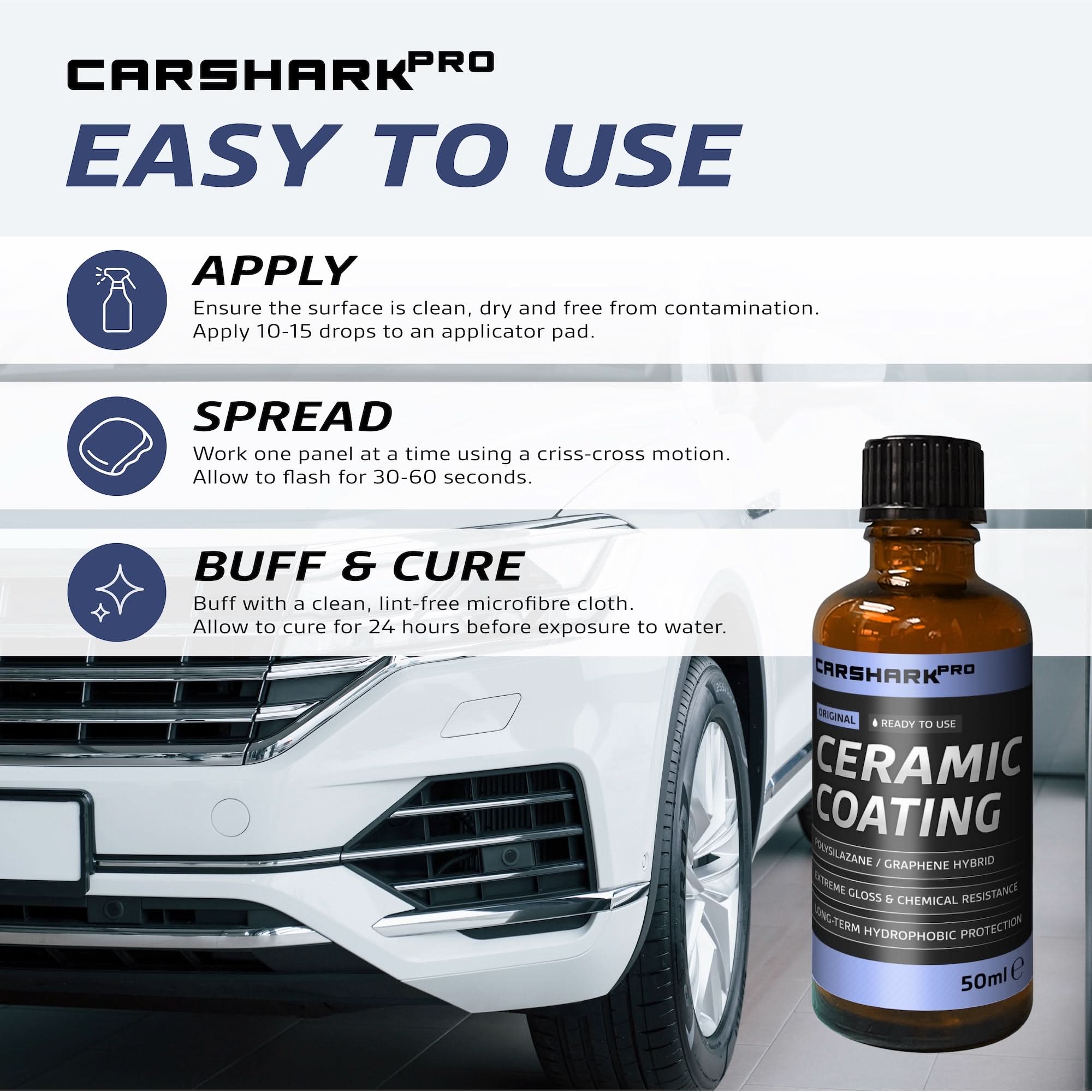 CARSHARK Pro Ceramic Coating Prep & Protect Kit - Ceramic Coating 50ml + Paint Surface & Windscreen De-Waxer 100ml