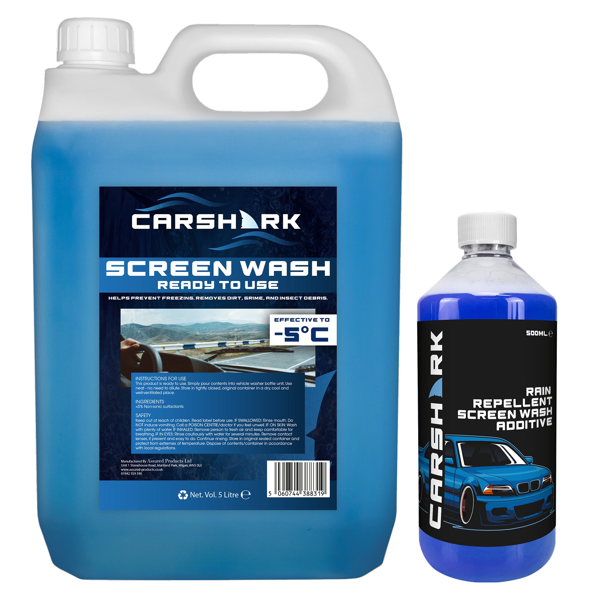 CARSHARK Rain Repellent Screenwash Additive 500ml with Winter Screenwash 5L (Blue)