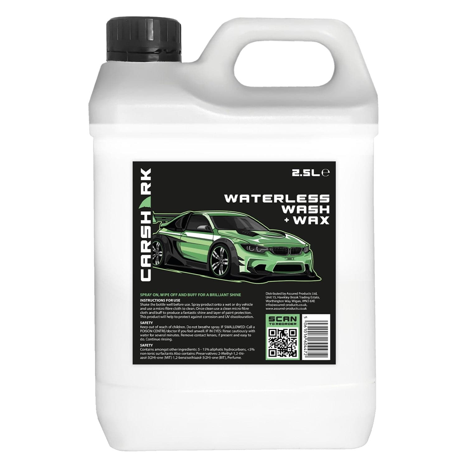 CARSHARK Waterless Wash & Wax 2.5L (with long Hose trigger) (2 x Microfibre Cloths)