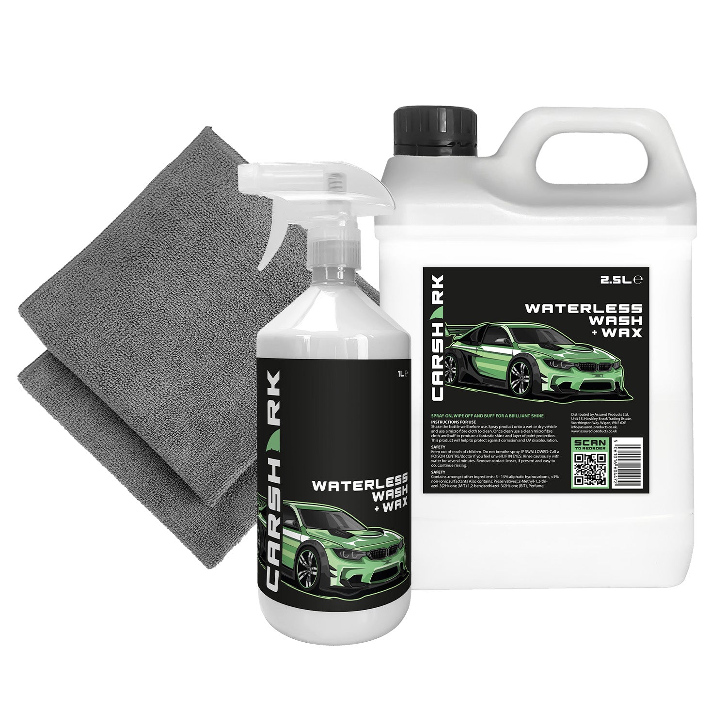 CARSHARK Waterless Wash & Wax 1L + 2.5L (2 x Microfibre Cloths)