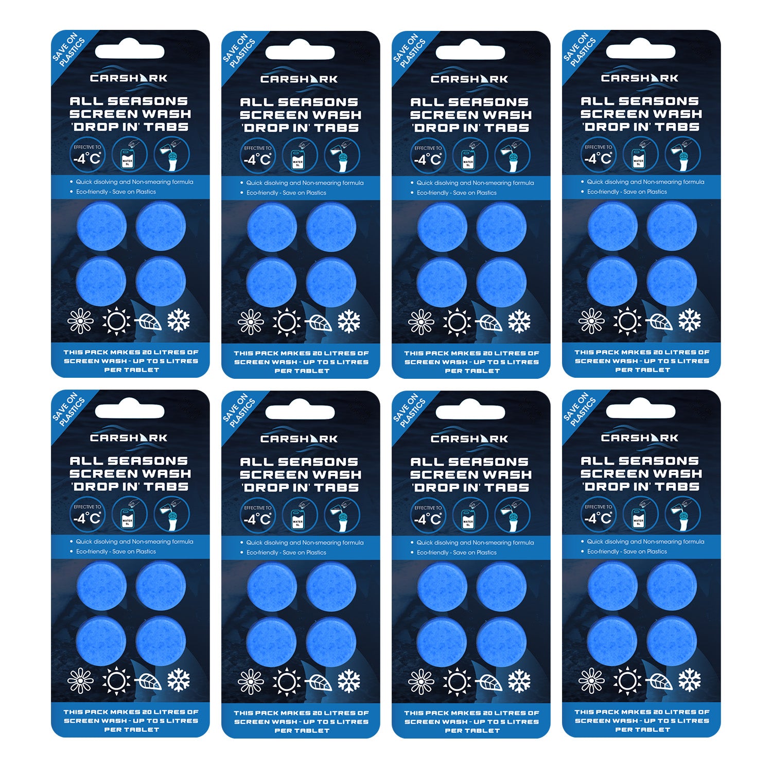 CARSHARK All Seasons Screenwash Tabs (Packs of 4 Tablets) - 1 Tab = 5L of Screenwash