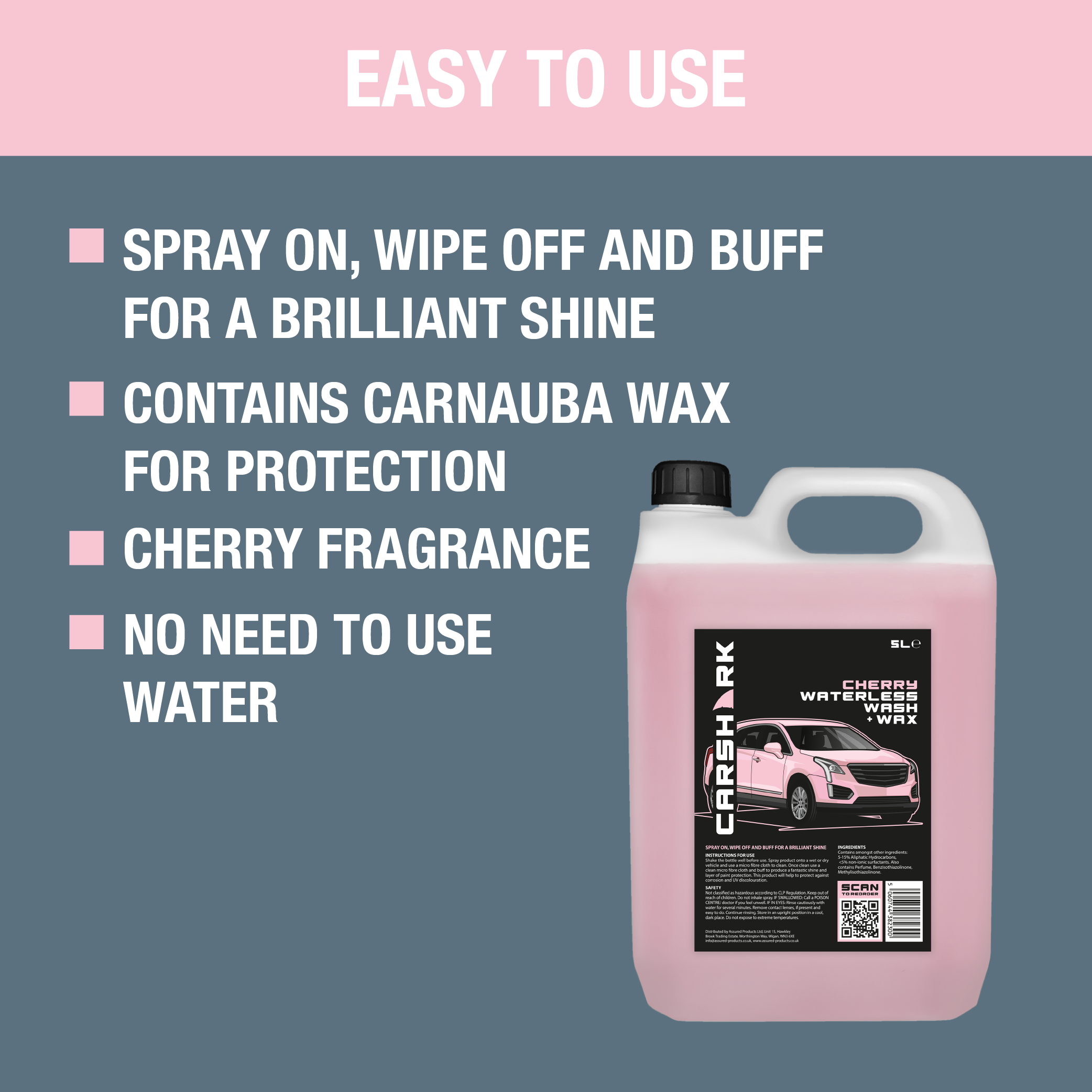 CARSHARK Waterless Wash & Wax 5 Litre, Cherry Blossom (with Long Hose Trigger)