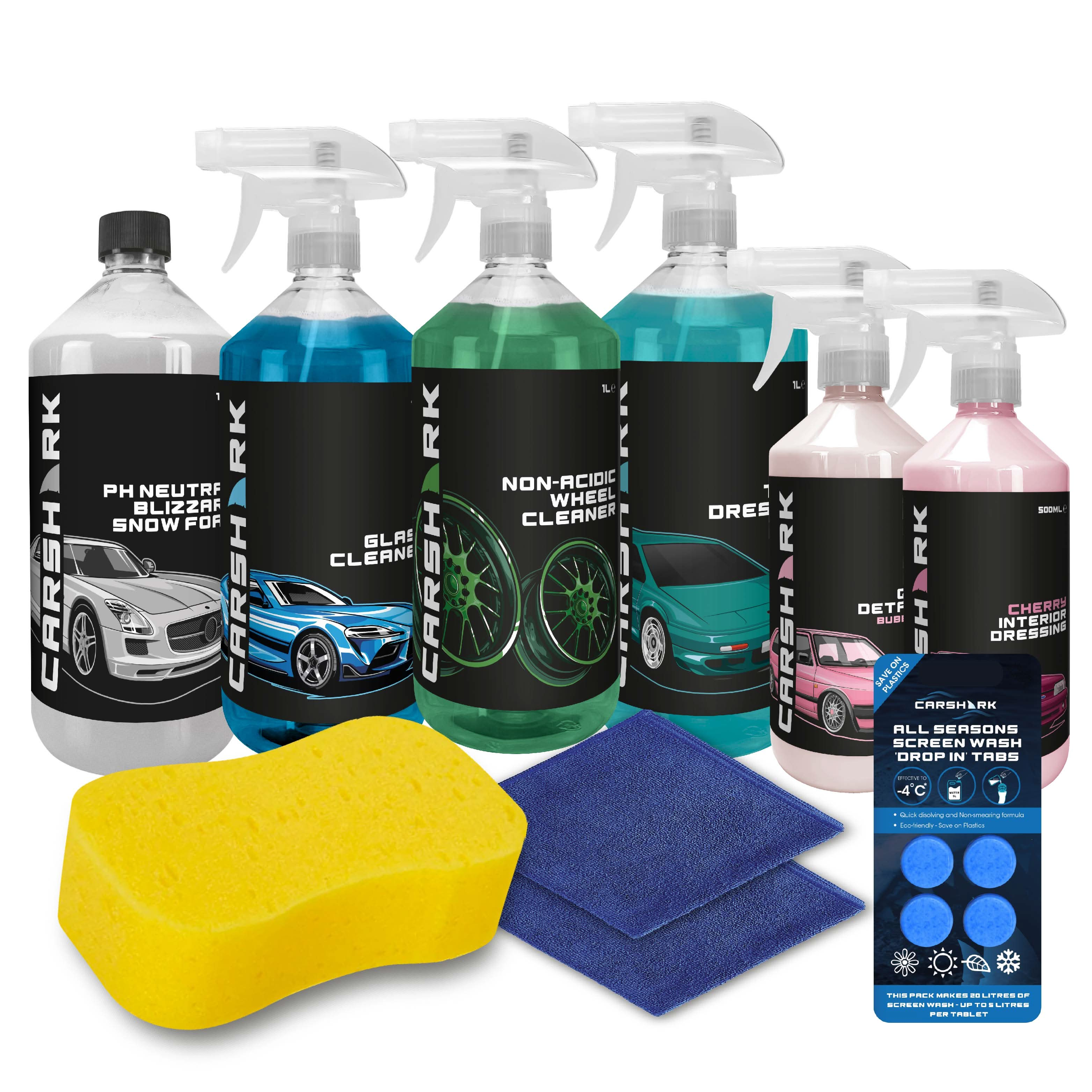 CARSHARK Car Cleaning Kit, 9-Piece Cleaning Kit, Screen wash Tabs, Sponge, 2 x Cloths