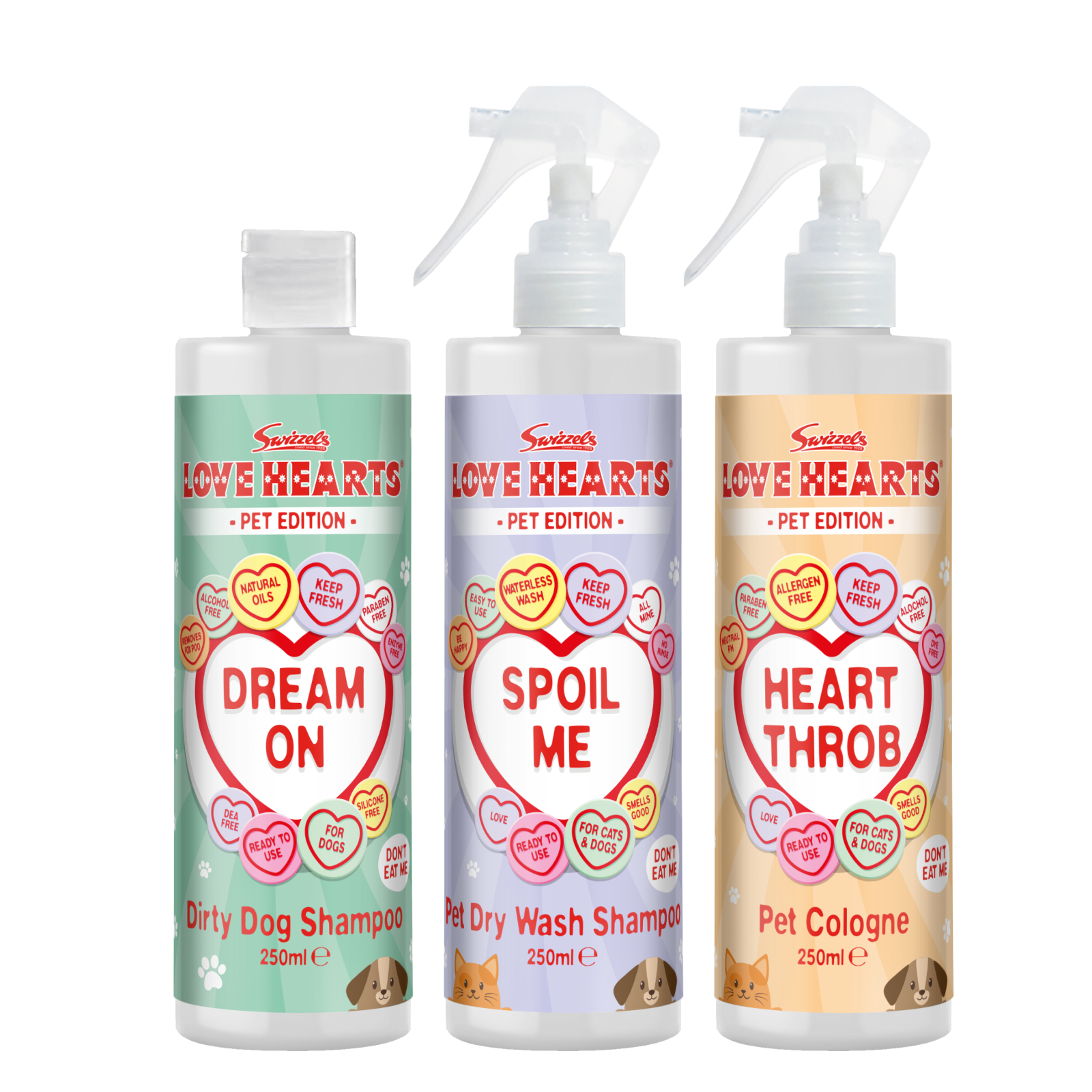 Swizzels Love Hearts - Dirty Dog Shampoo, Pet Dry Wash Shampoo & Pet Cologne - 3 x 250ml