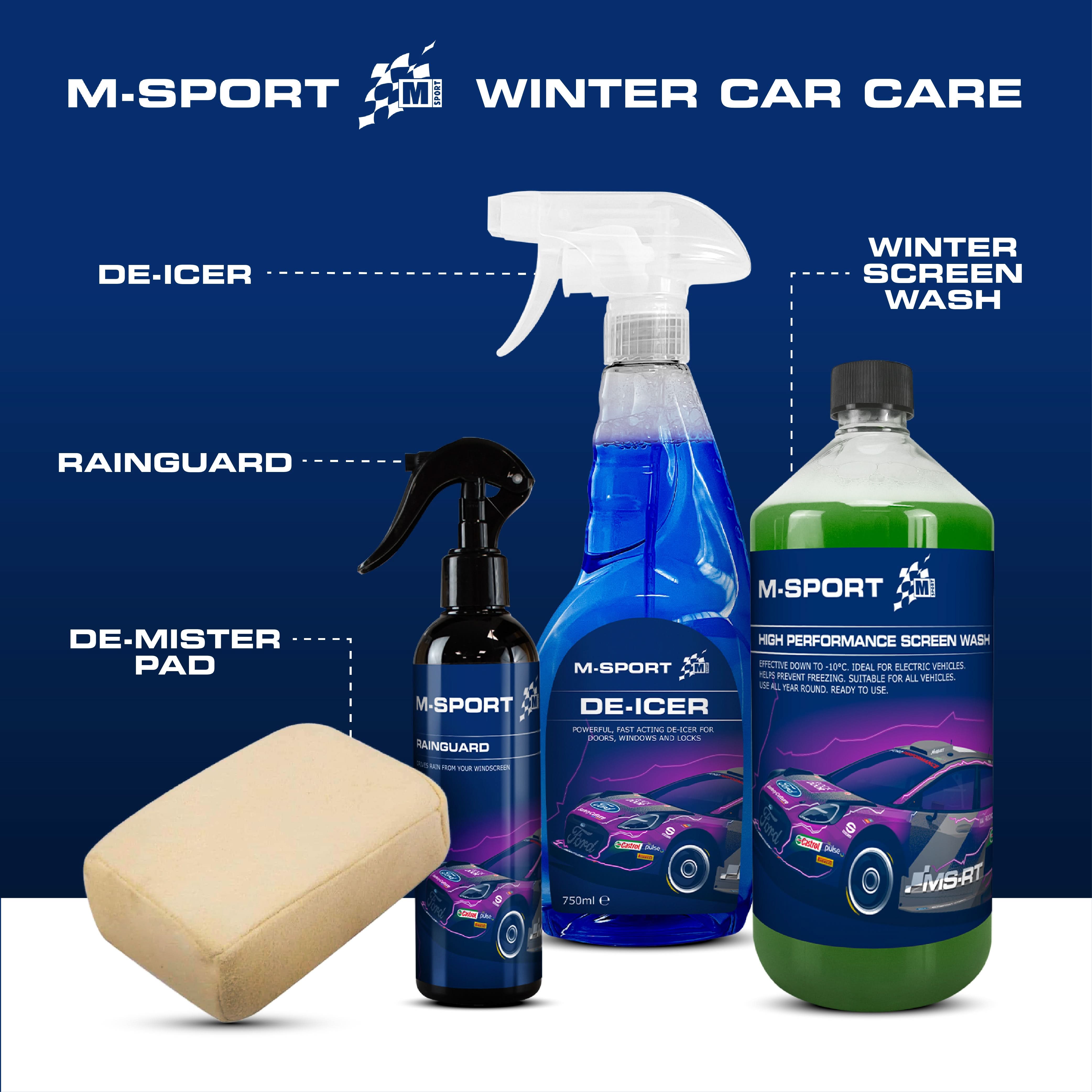 M-Sport 4-Piece Winter Car Cleaning Kit - High Performance Screenwash De-Icer Rainguard Demister Pad for Essential Car Care